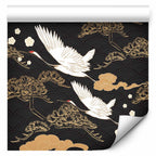 Flying Cranes Dark Background Oriental Pattern Wallpaper