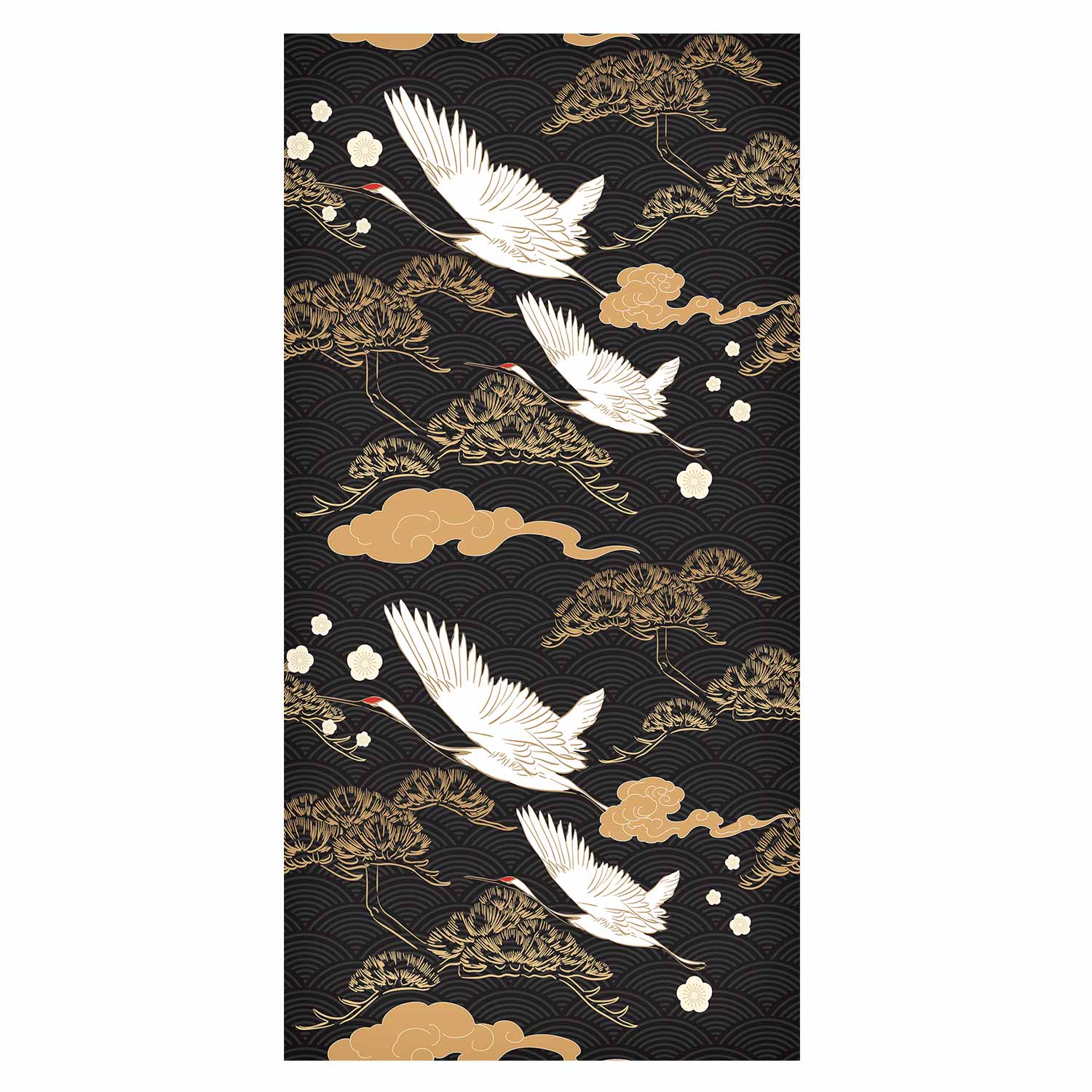 Flying Cranes Dark Background Oriental Pattern Wallpaper