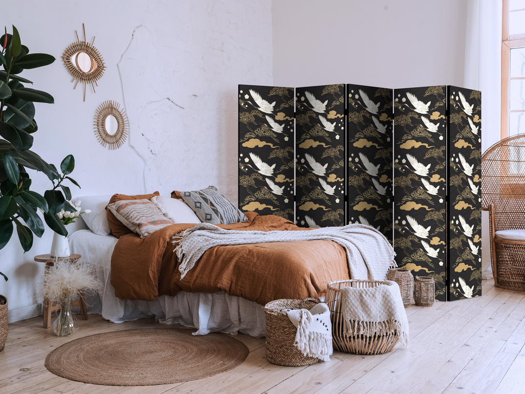 Flying Cranes Pattern Dark 5-Panel Japanese Room Divider