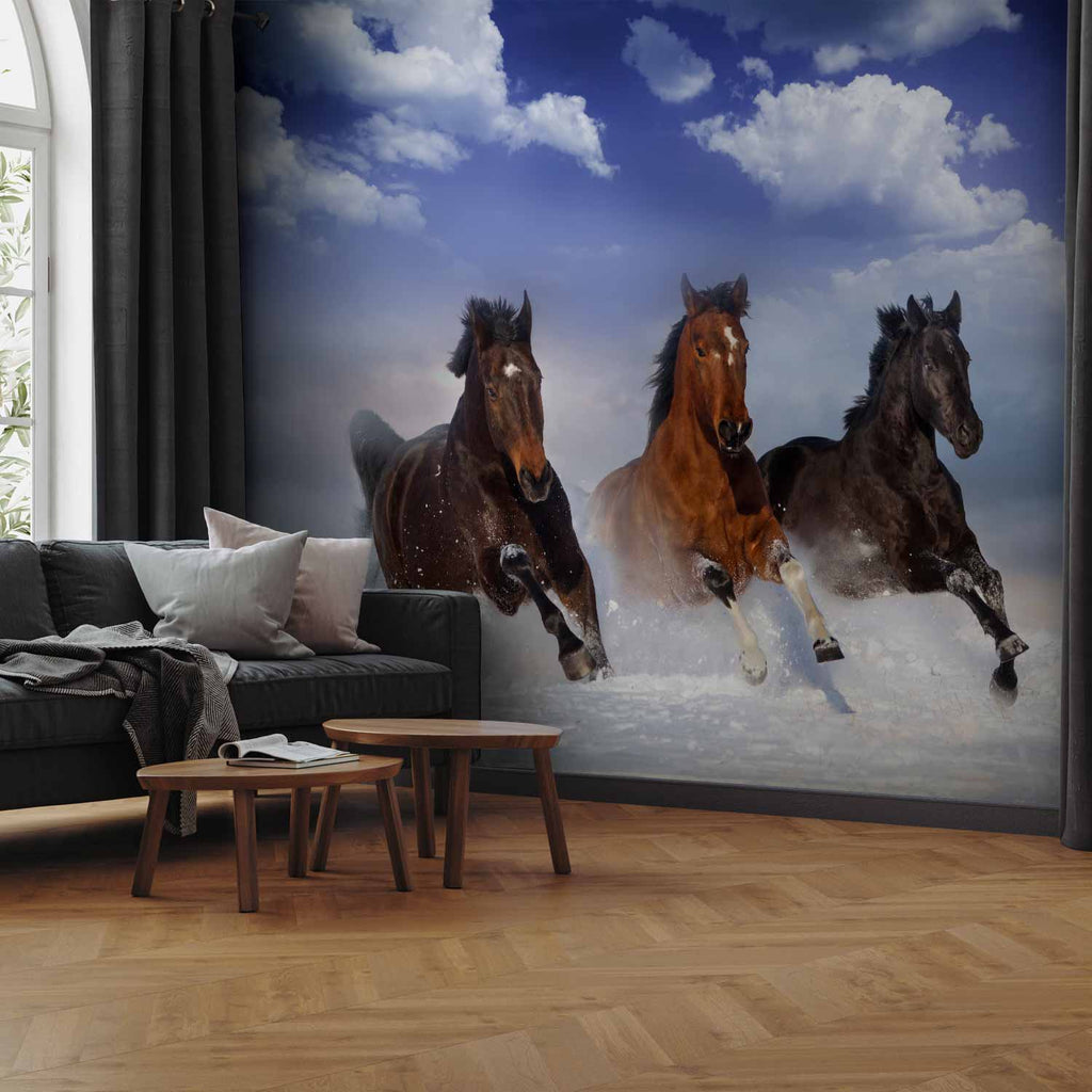 Horses in Snowy Sky Winter Wall Mural