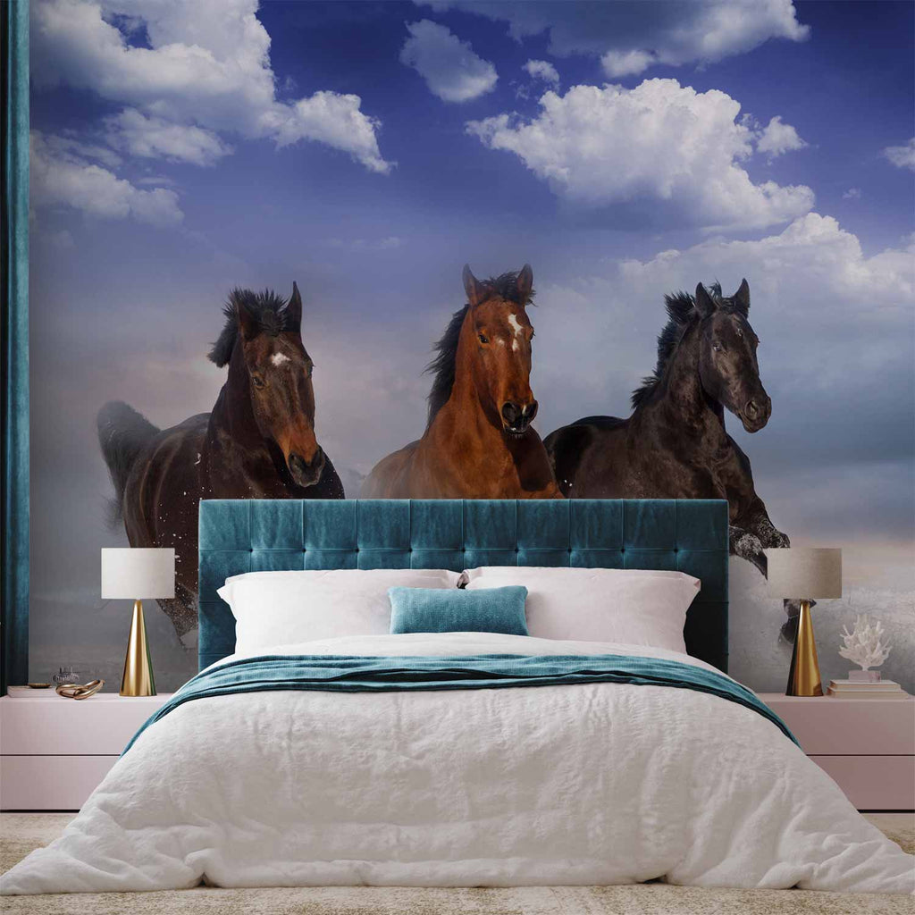 Horses in Snowy Sky Winter Wall Mural