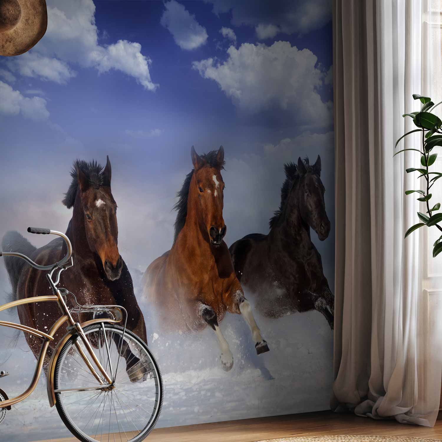 Horses in Snowy Sky Winter Wall Mural