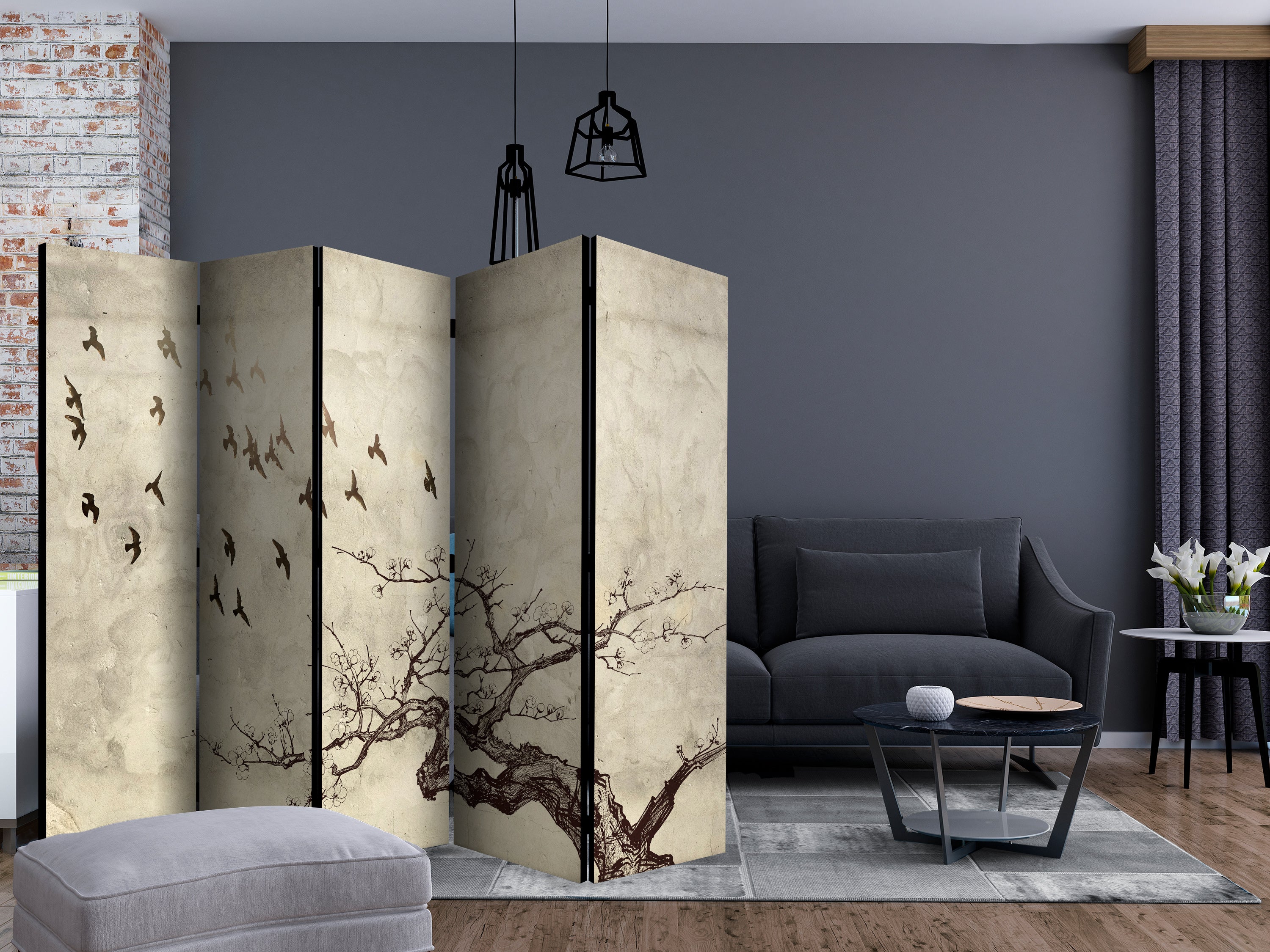 Flock of Birds Vintage Nature 5-Panel Room Divider