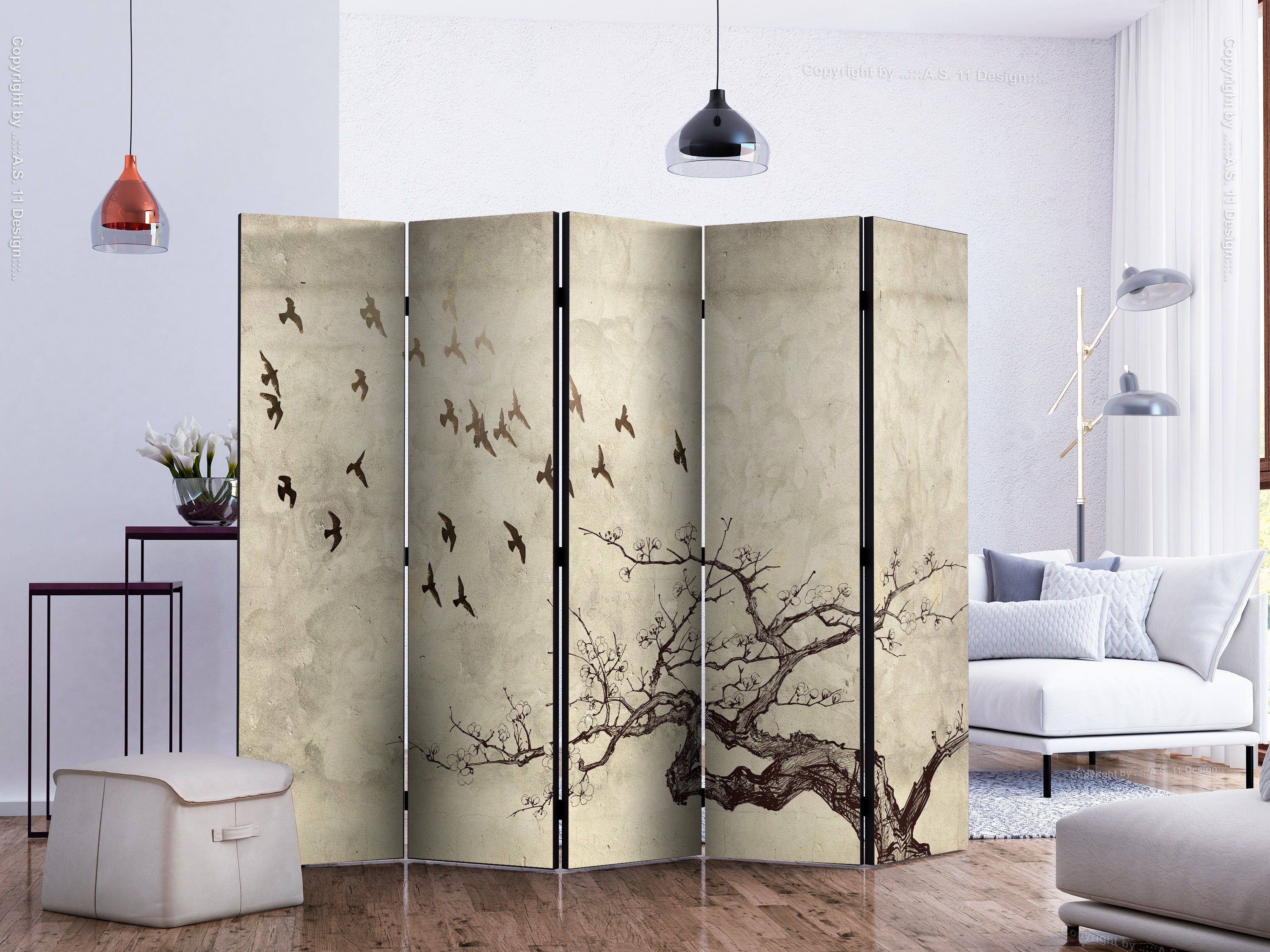 Flock of Birds Vintage Nature 5-Panel Room Divider