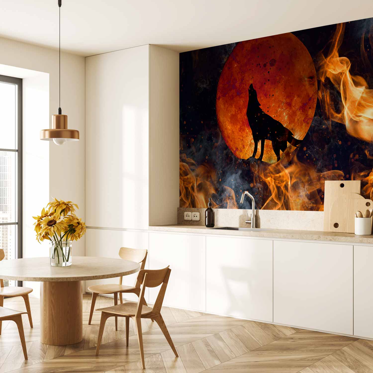Wolf Red Moon Fire Nature Wall Mural