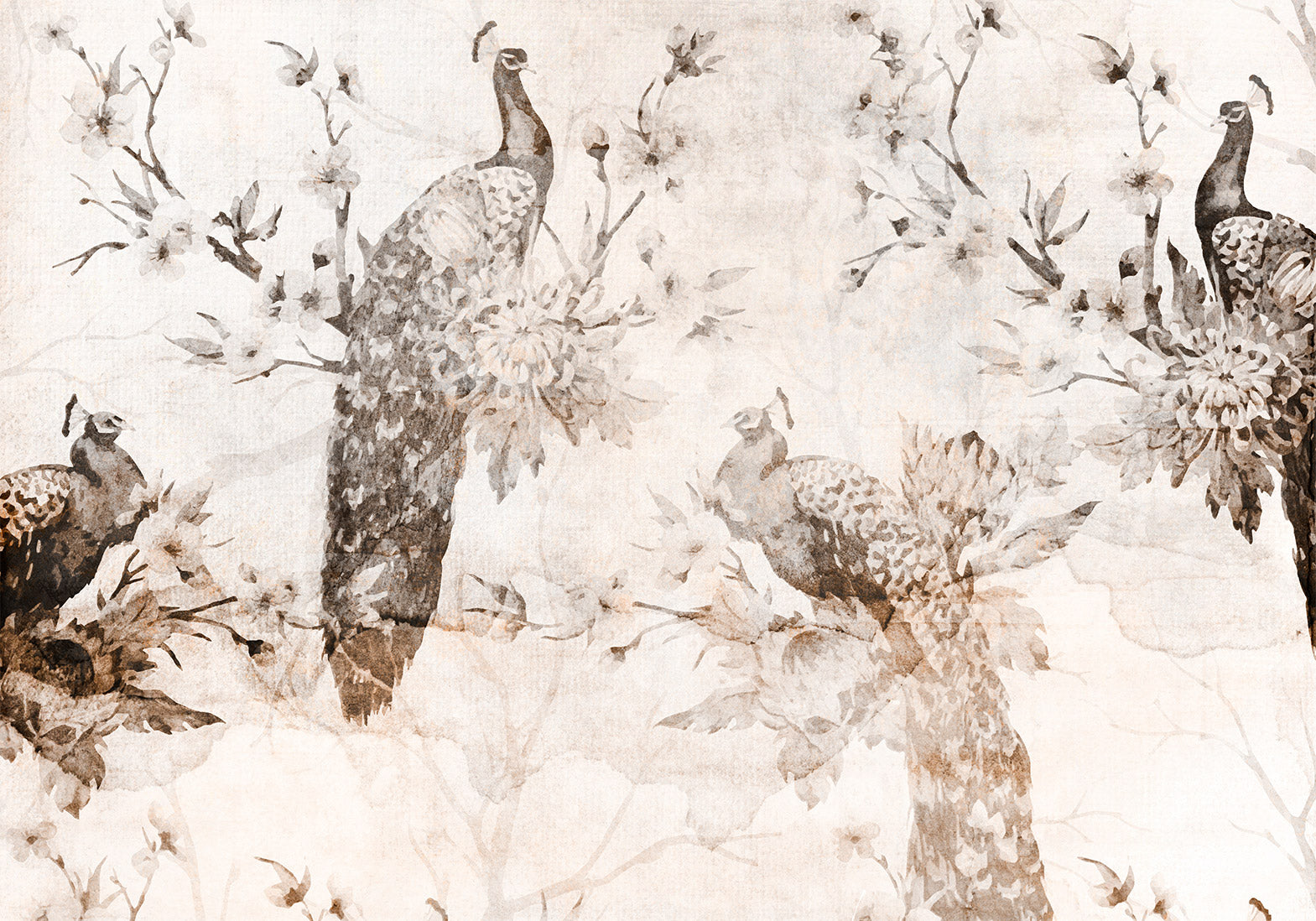 Wall Mural with Peacocks in Beige
