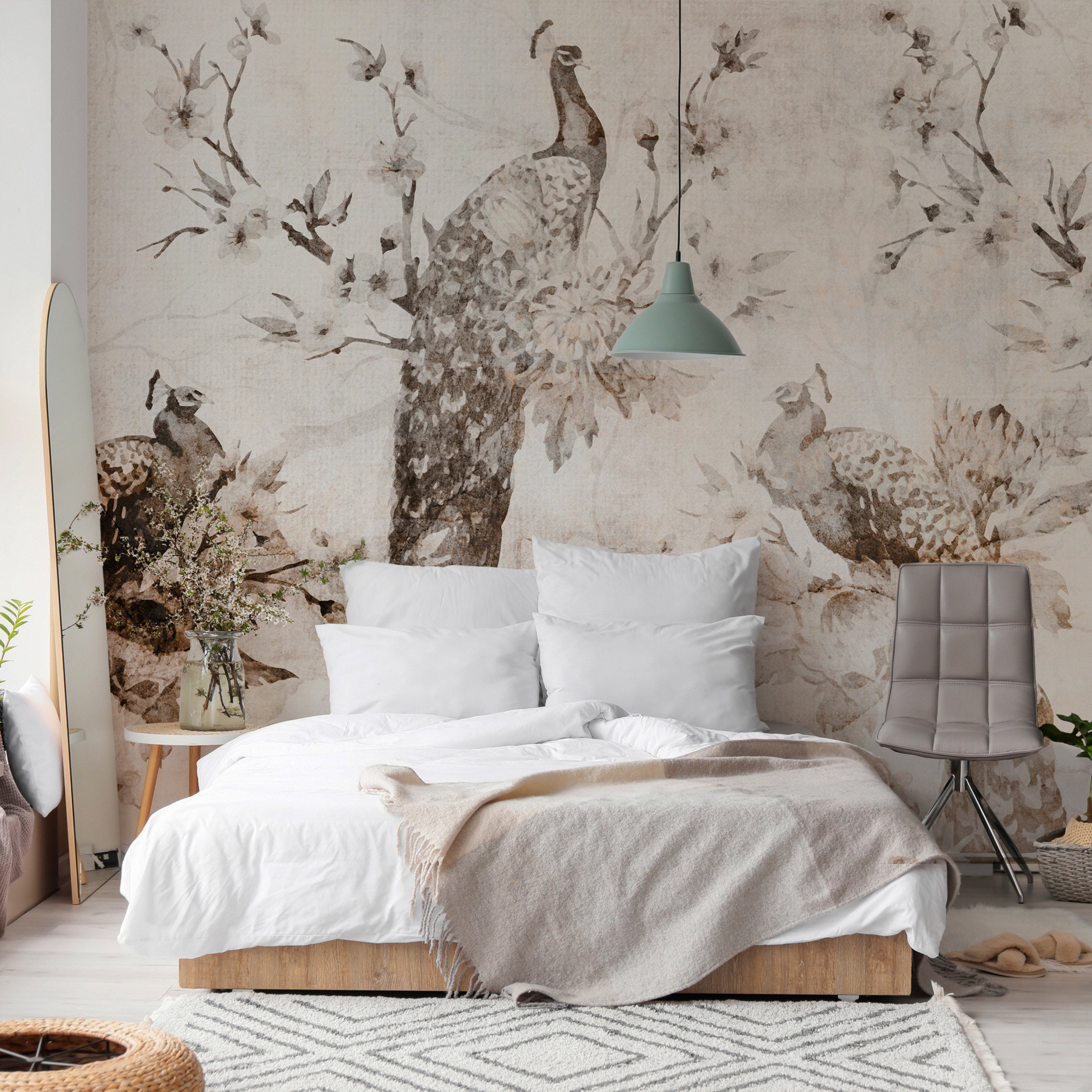Wall Mural with Peacocks in Beige