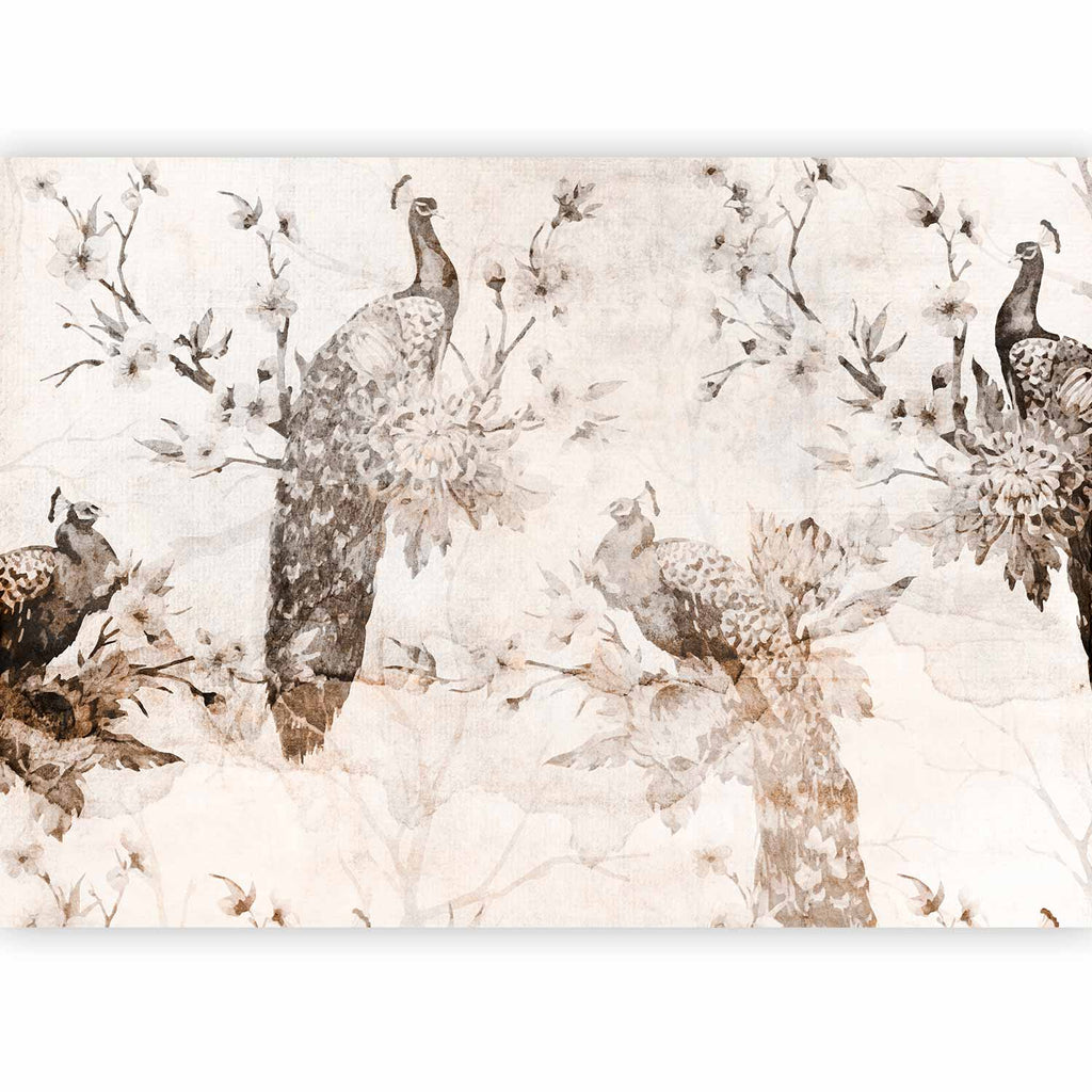 Wall Mural with Peacocks in Beige