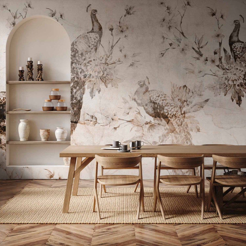 Wall Mural with Peacocks in Beige