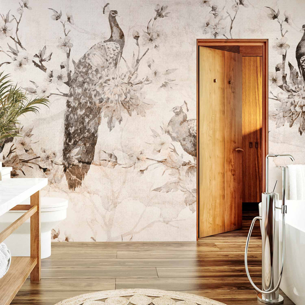 Delicate Beige Peacock Nature Wall Mural