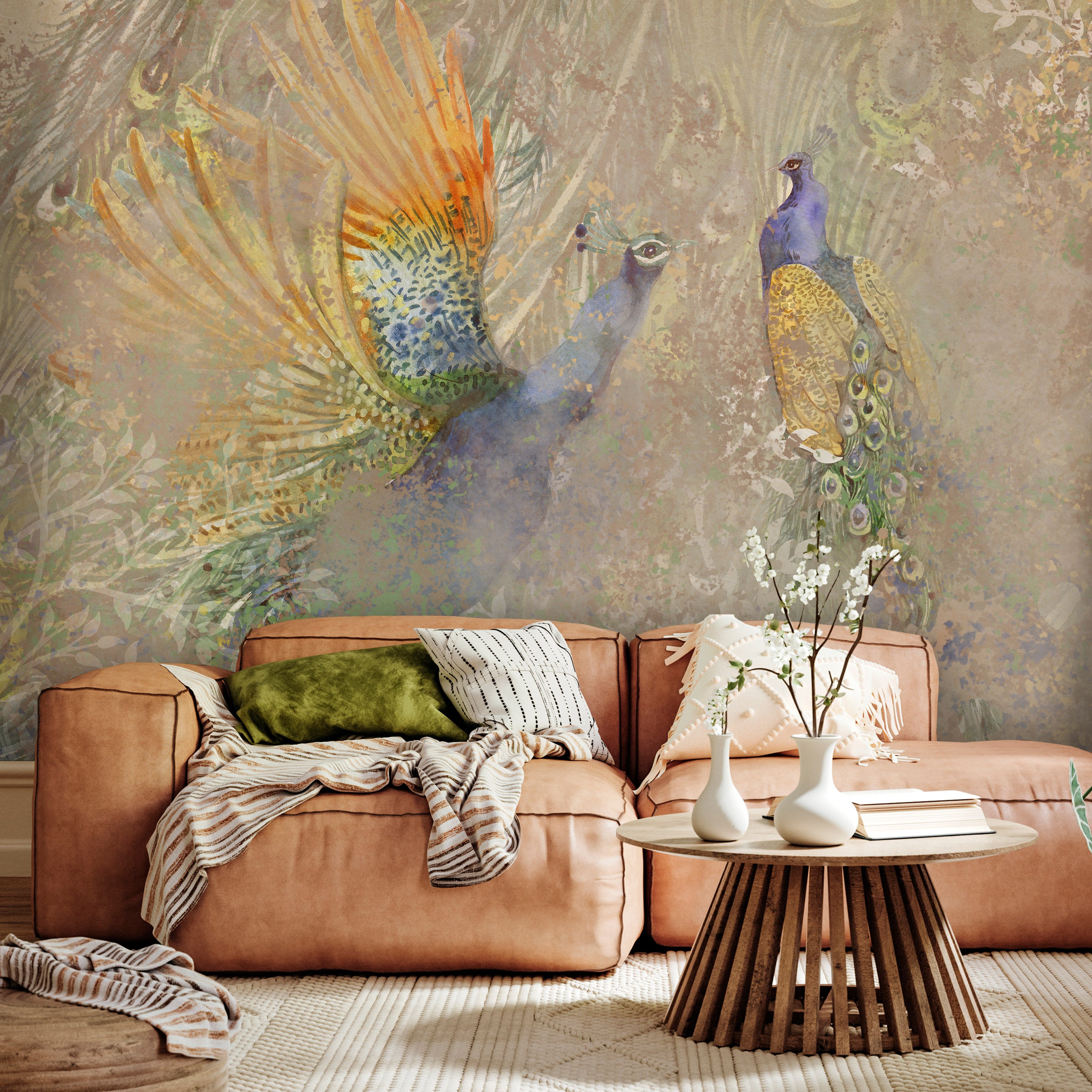 Wall Mural - Peacocks in Dance - Bird motif in abstract pattern