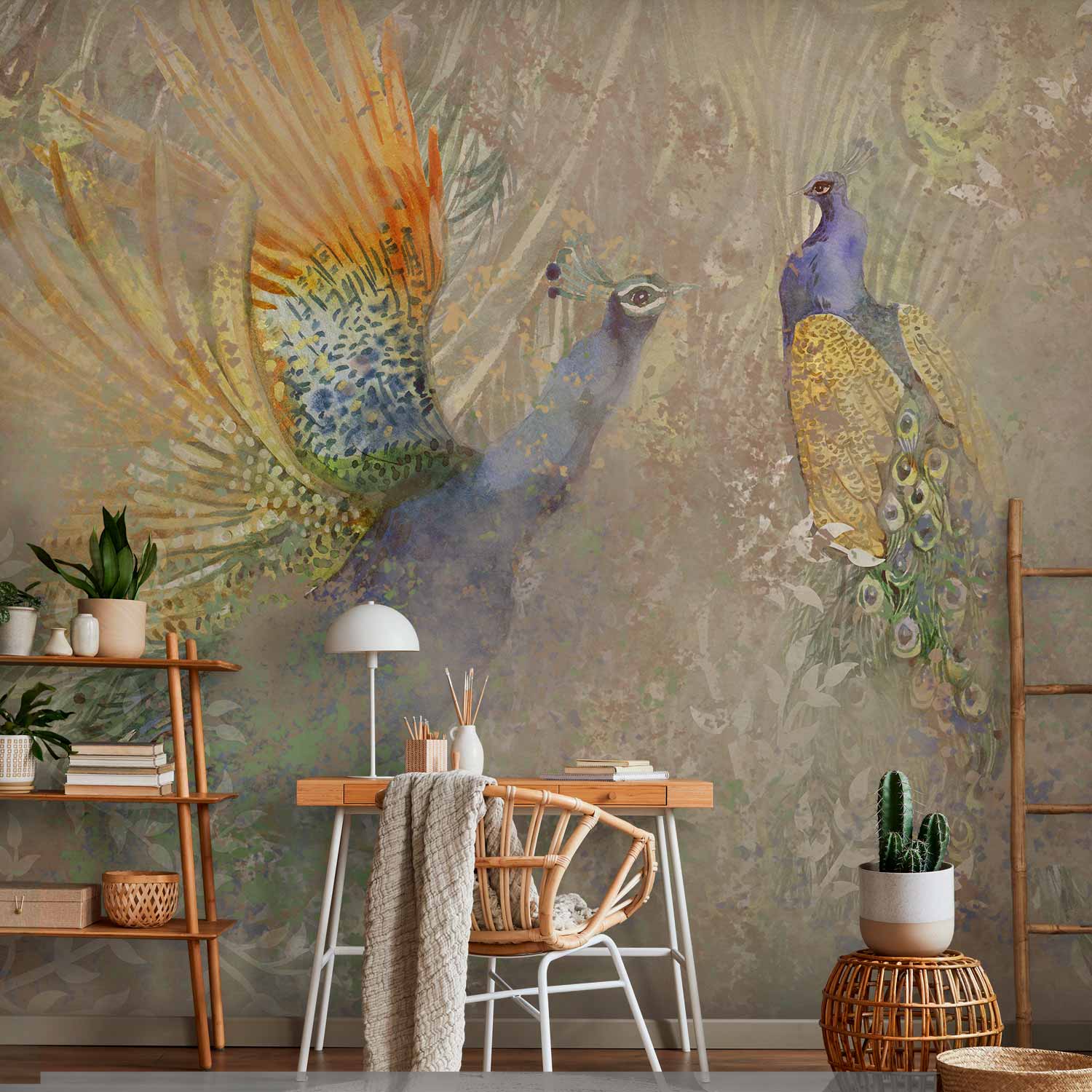 Peacocks in Dance Abstract Pattern Wall Mural