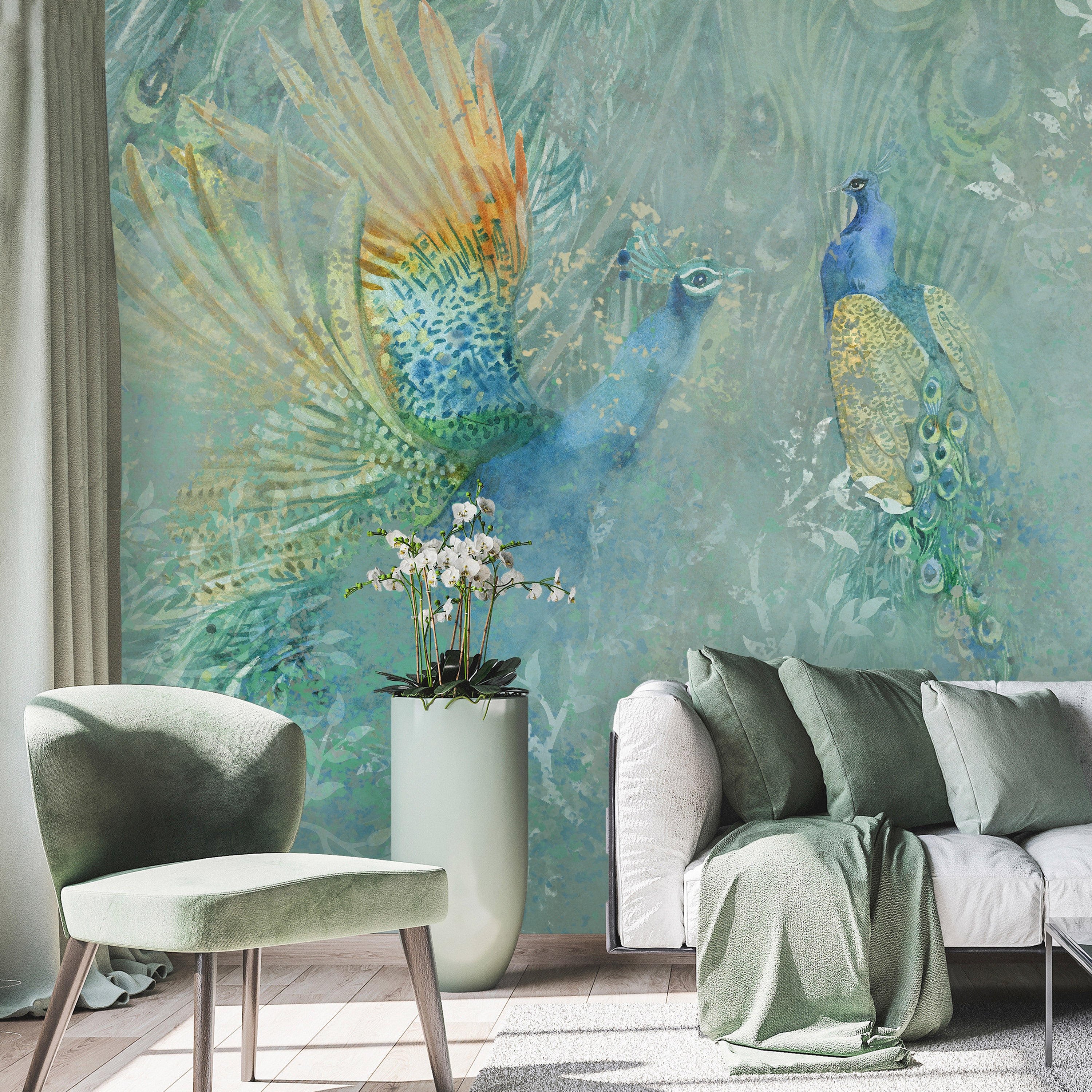 Wall Mural - Peacocks Dancing - Multicoloured