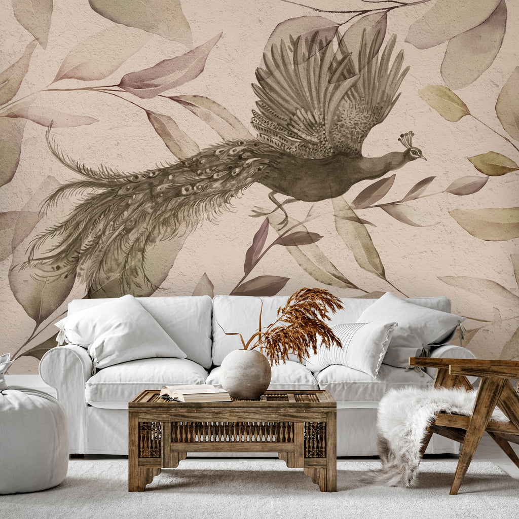 Wall Mural Bird Among Leaves with Floral Peacock in Cool Tones