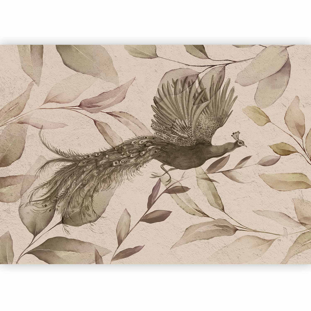 Wall Mural Bird Among Leaves with Floral Peacock in Cool Tones