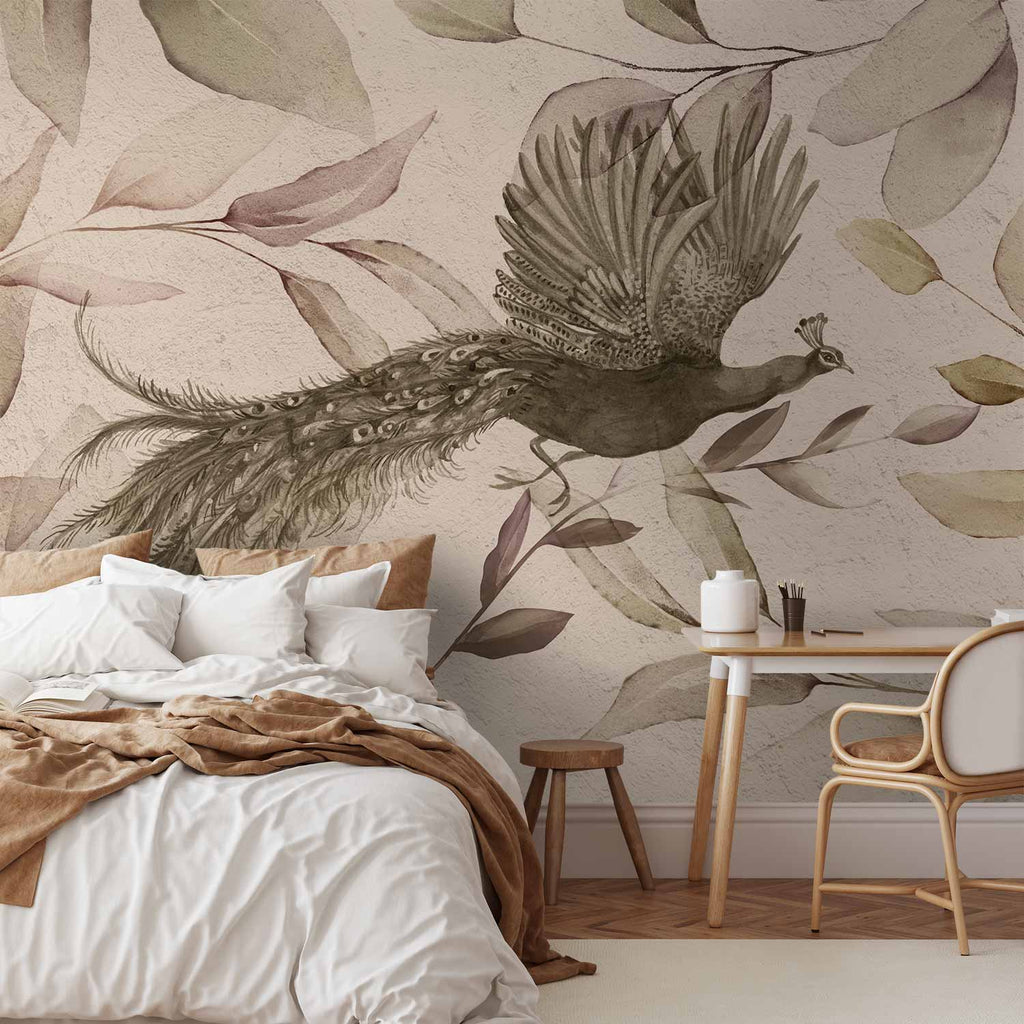 Wall Mural Bird Among Leaves with Floral Peacock in Cool Tones