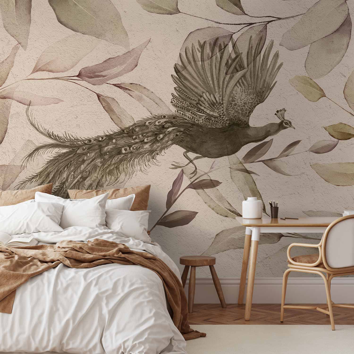 Wall Mural Bird Among Leaves with Floral Peacock in Cool Tones