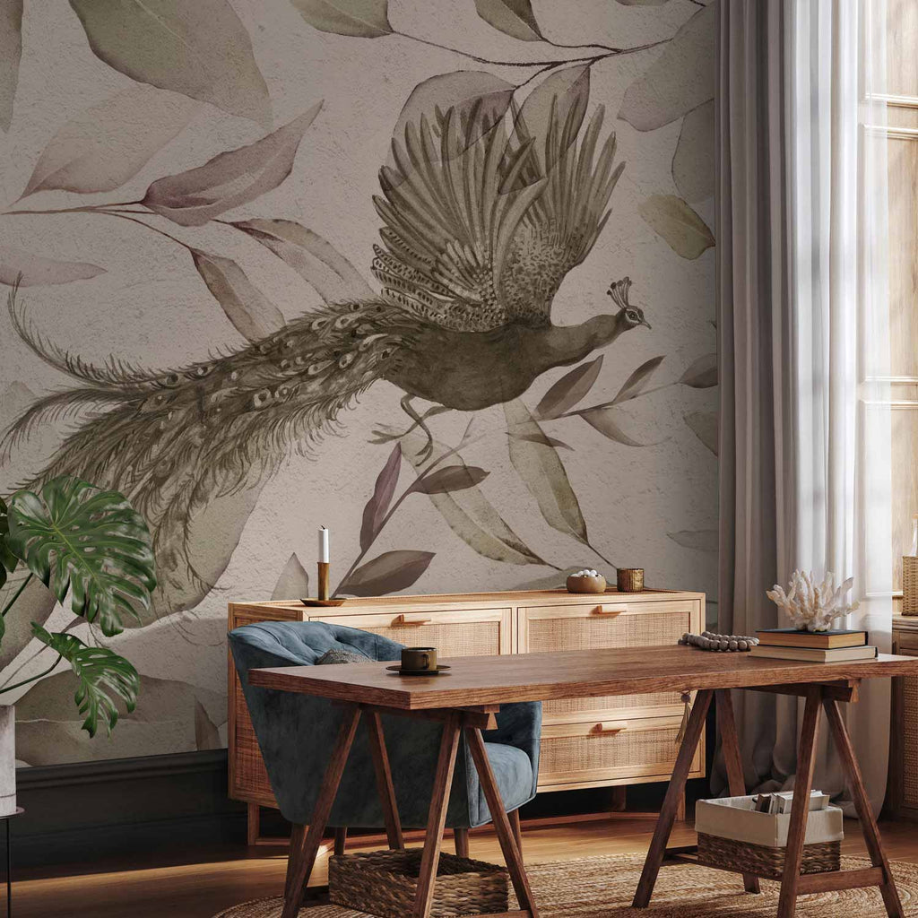 Peacock Bird Leaves Floral Wall Mural