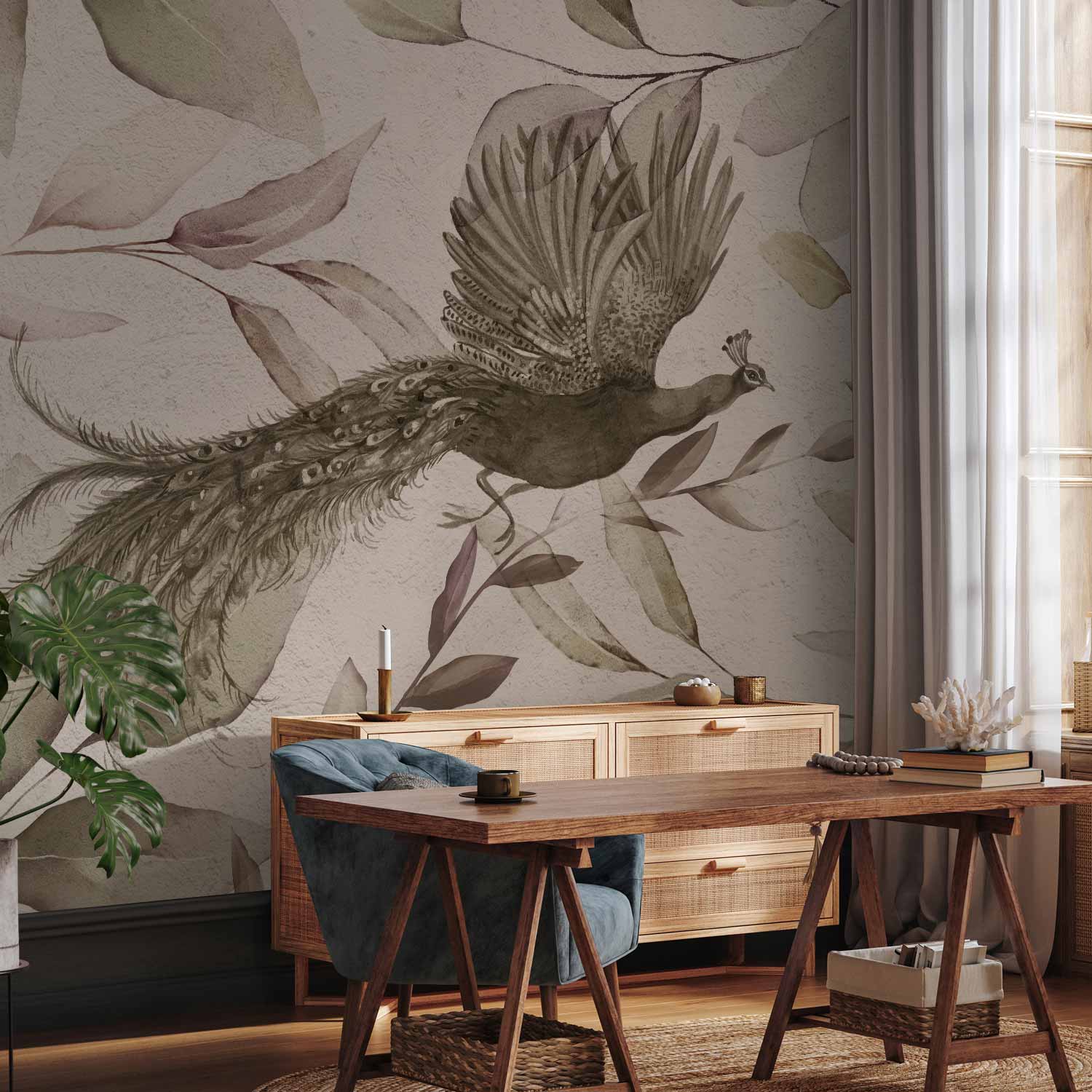 Peacock Bird Leaves Floral Wall Mural