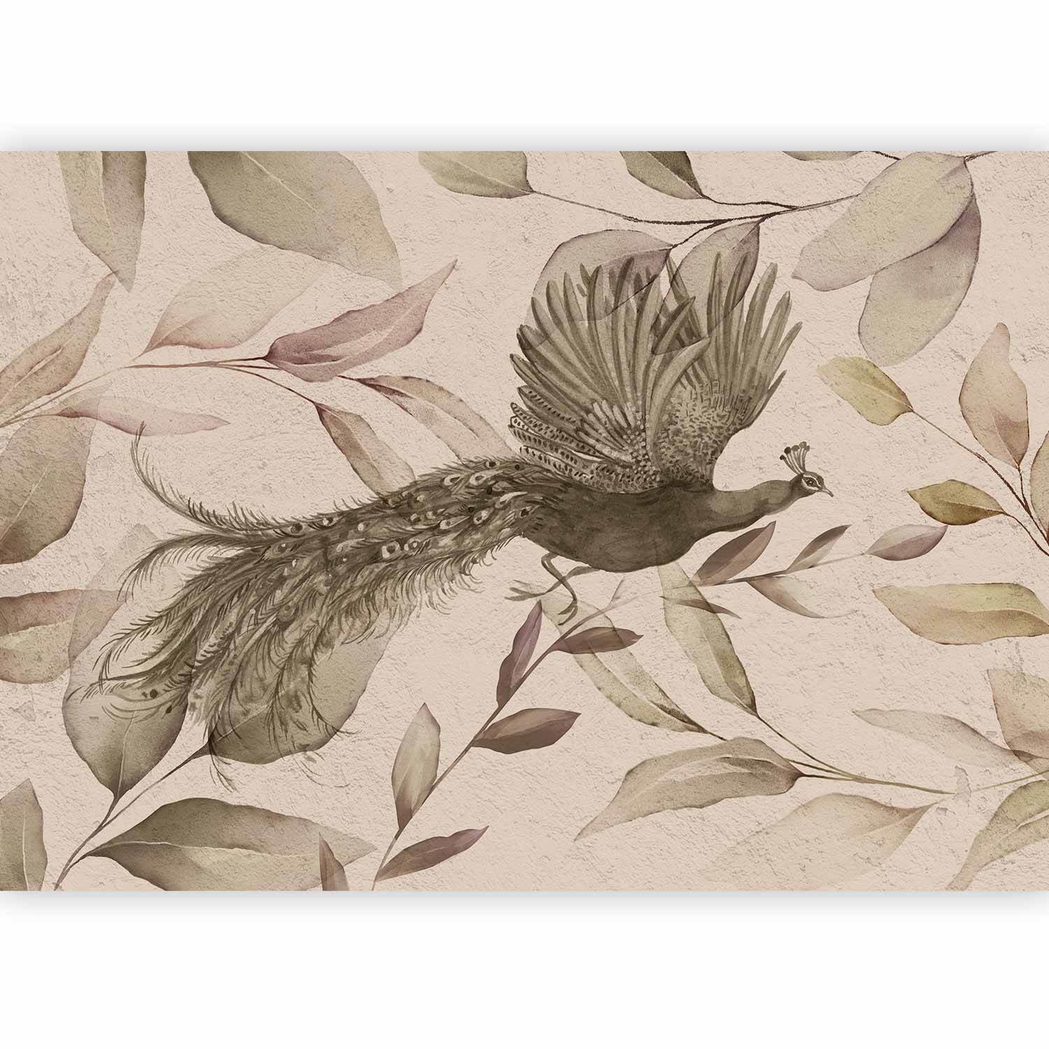 Wall Mural Bird Among Leaves with Floral Peacock in Cool Tones