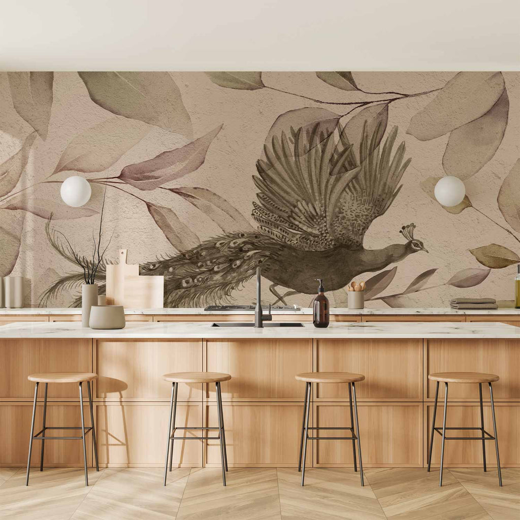 Wall Mural Bird Among Leaves with Floral Peacock in Cool Tones