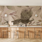 Wall Mural Bird Among Leaves with Floral Peacock in Cool Tones