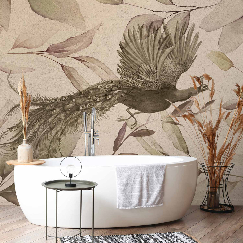 Peacock Bird Leaves Floral Wall Mural