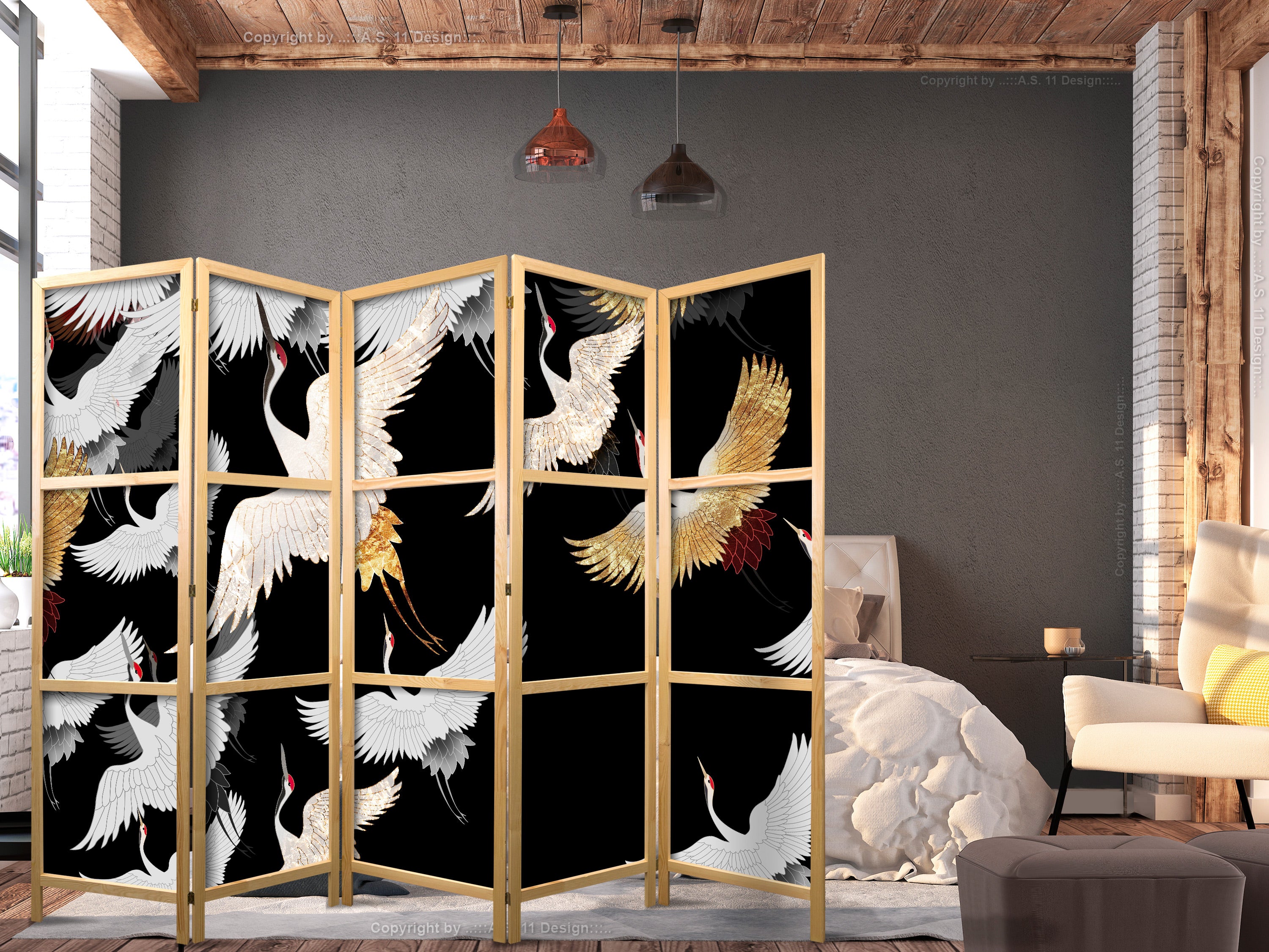 Cranes at Night Gold 5-Panel Japanese Room Divider