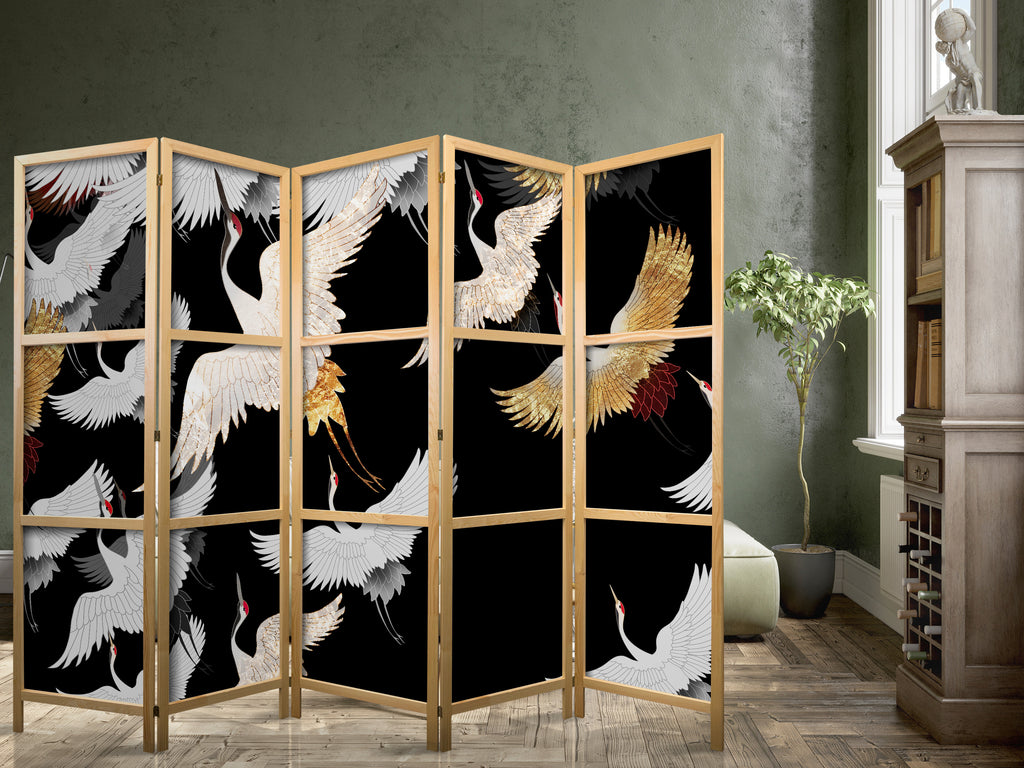 Cranes at Night Gold 5-Panel Japanese Room Divider