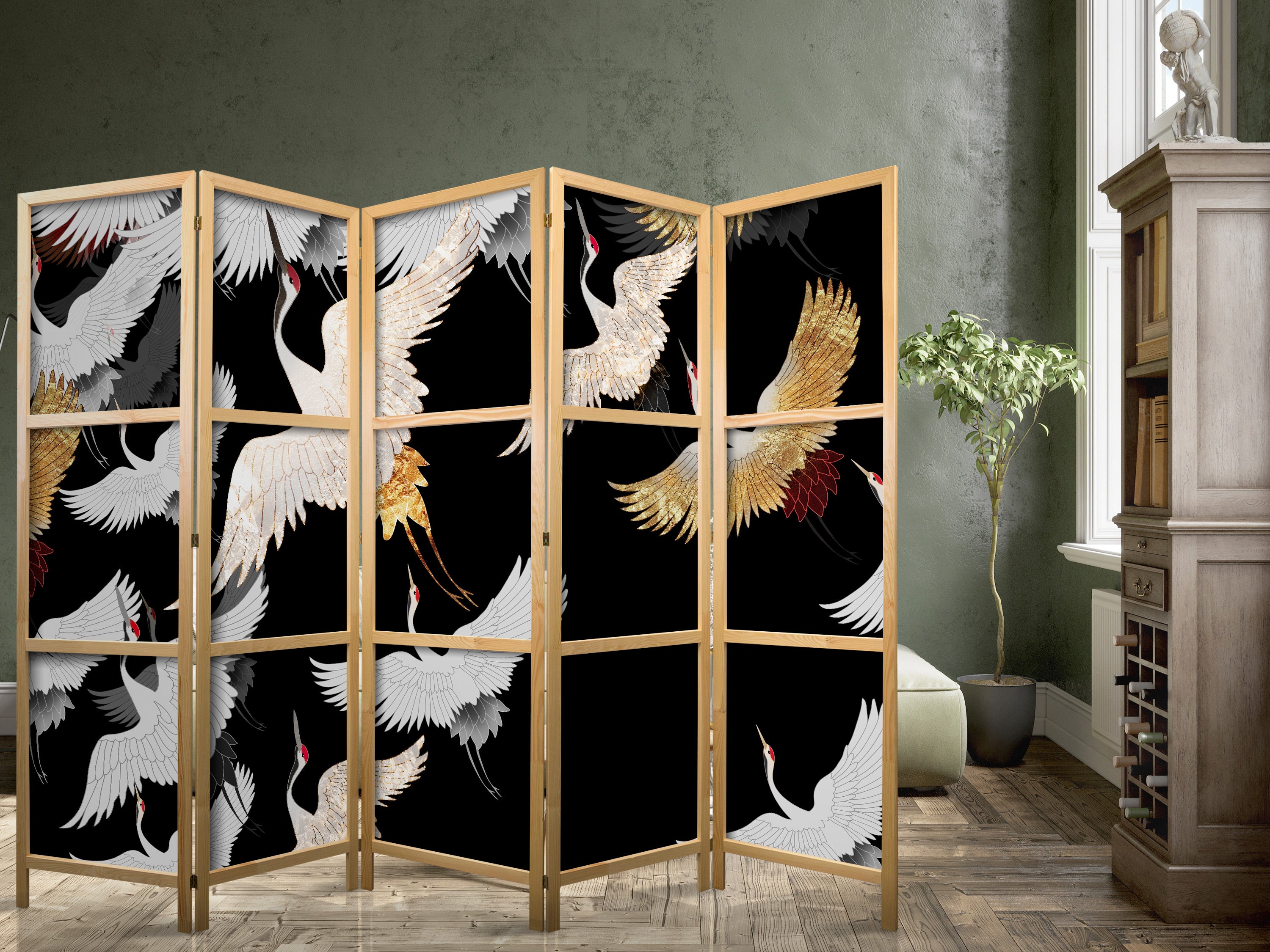 Cranes at Night Gold 5-Panel Japanese Room Divider