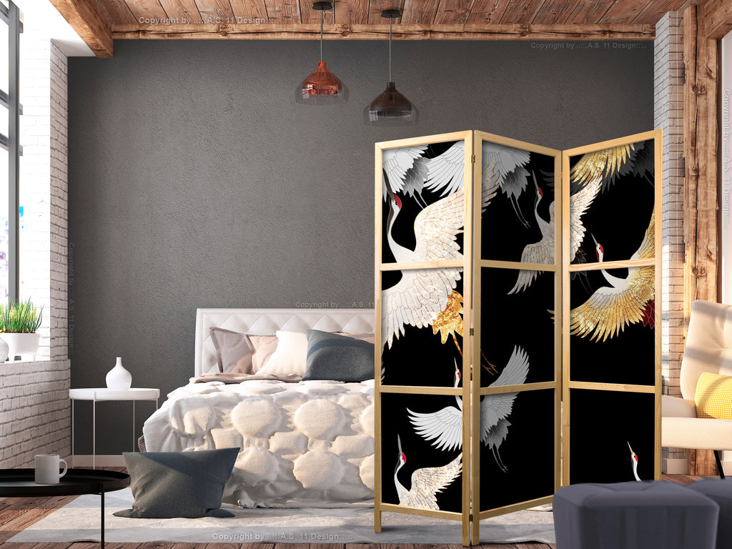 White and Gold Cranes 3-Panel Japanese Room Divider