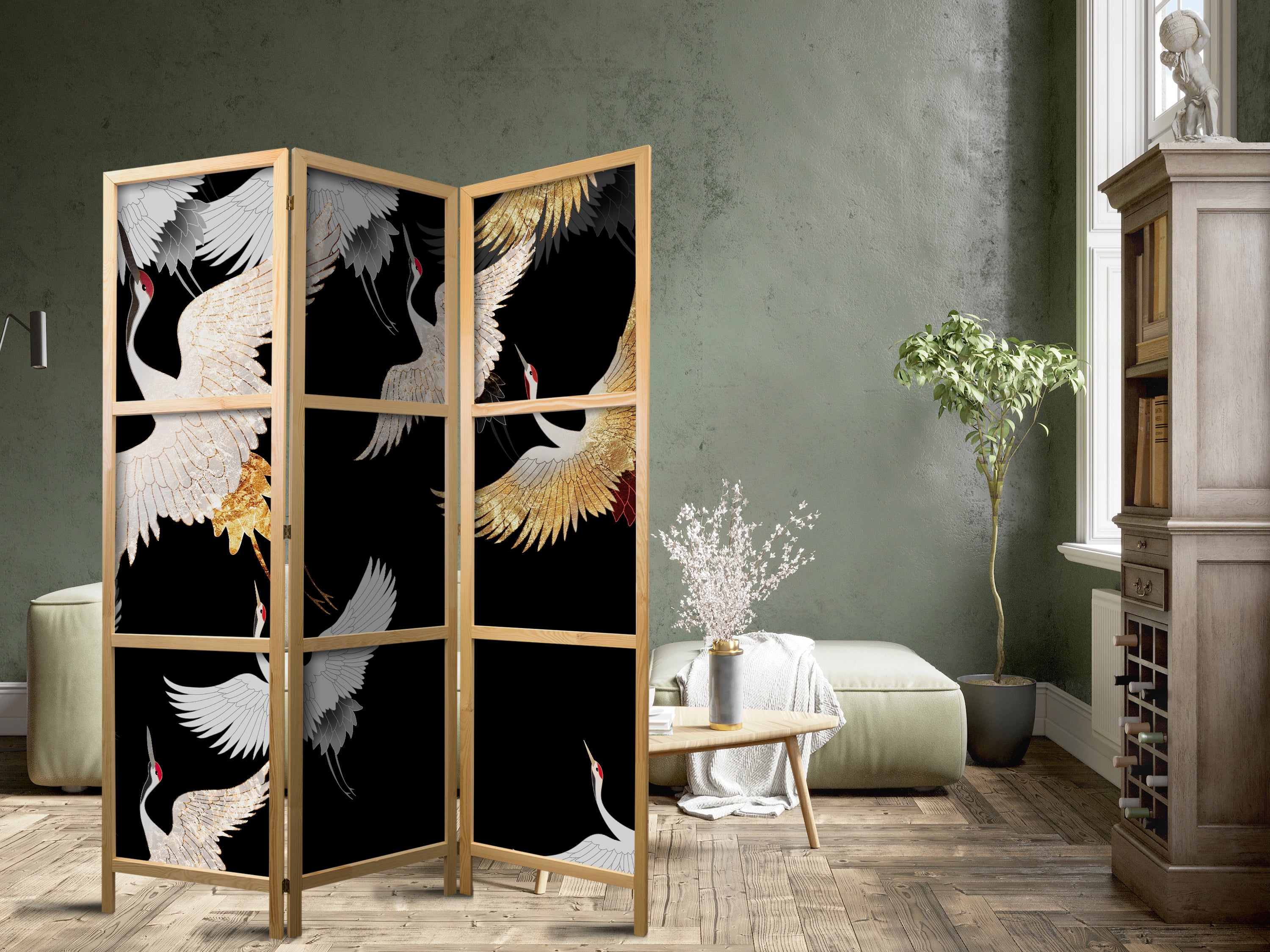 White and Gold Cranes 3-Panel Japanese Room Divider