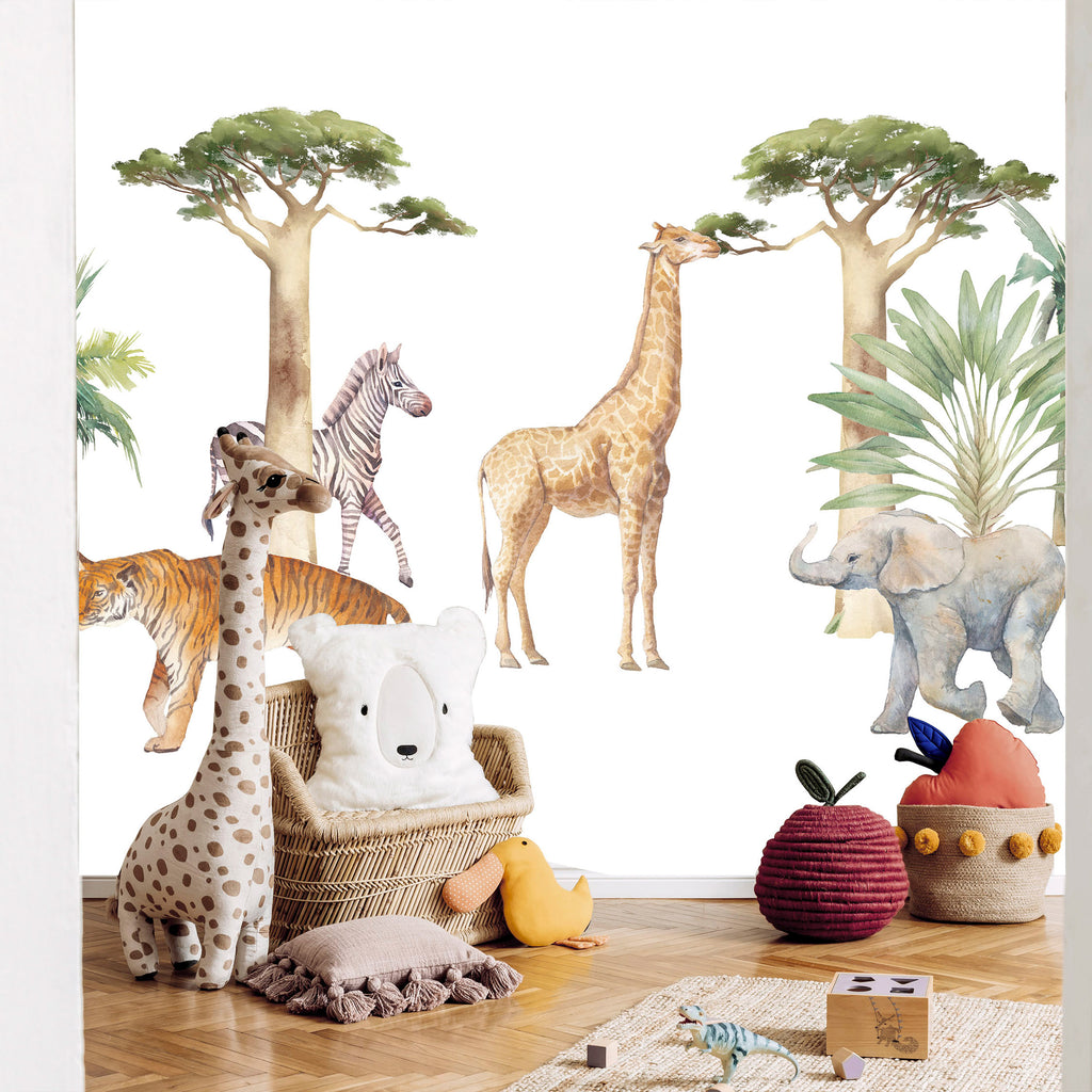 Wall Mural Jungle Animals on White Background Watercolour