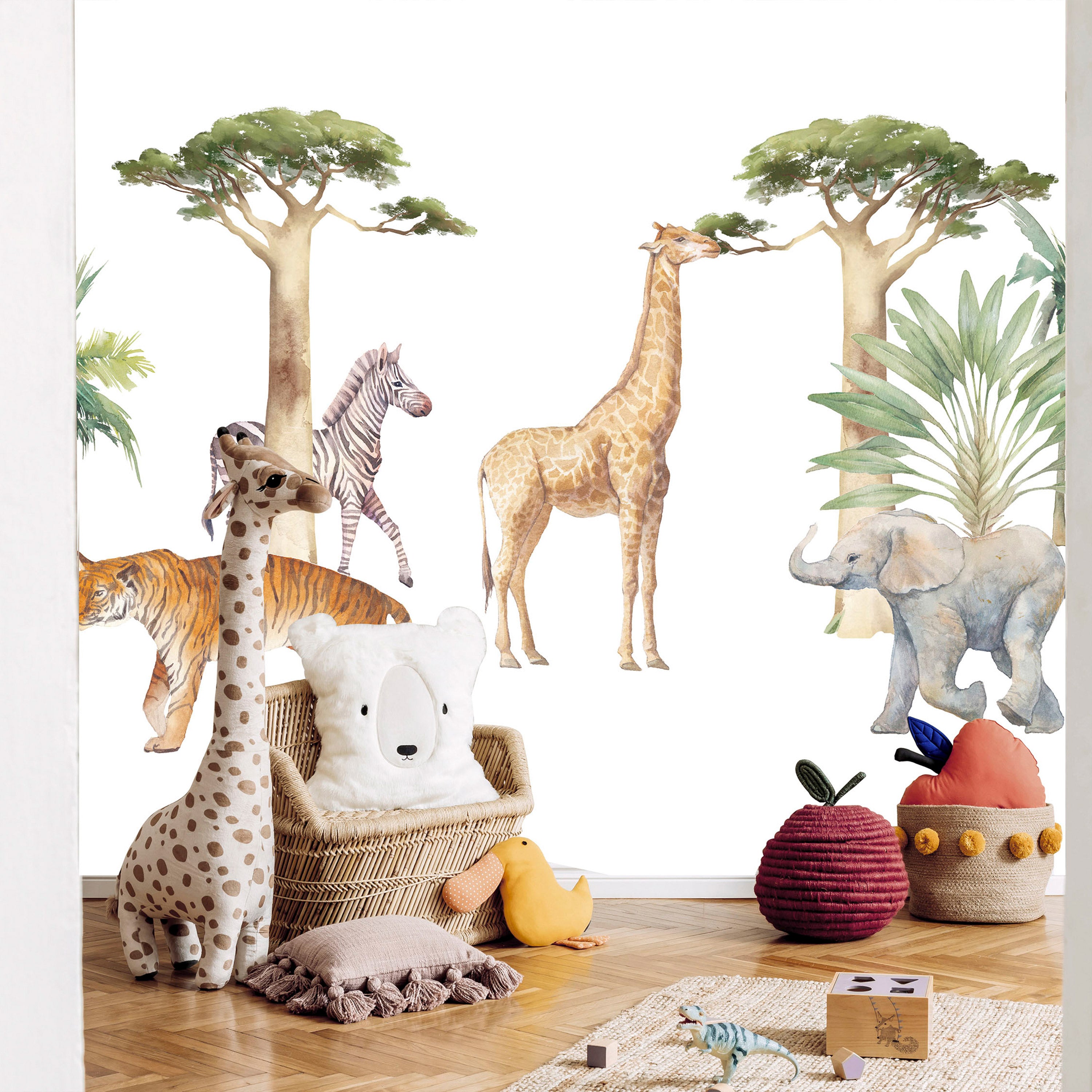 Wall Mural Jungle Animals on White Background Watercolour
