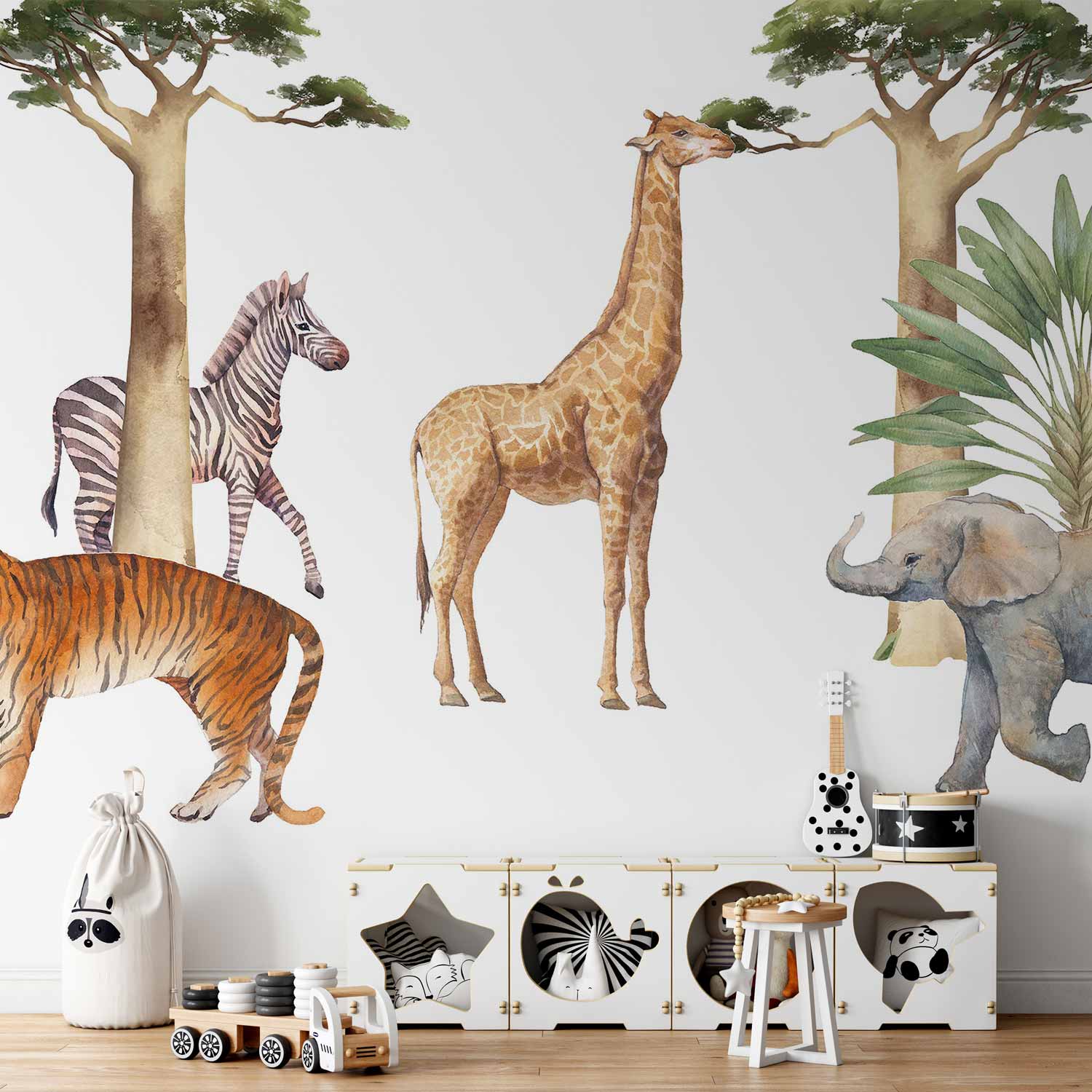 Wall Mural Jungle Animals on White Background Watercolour
