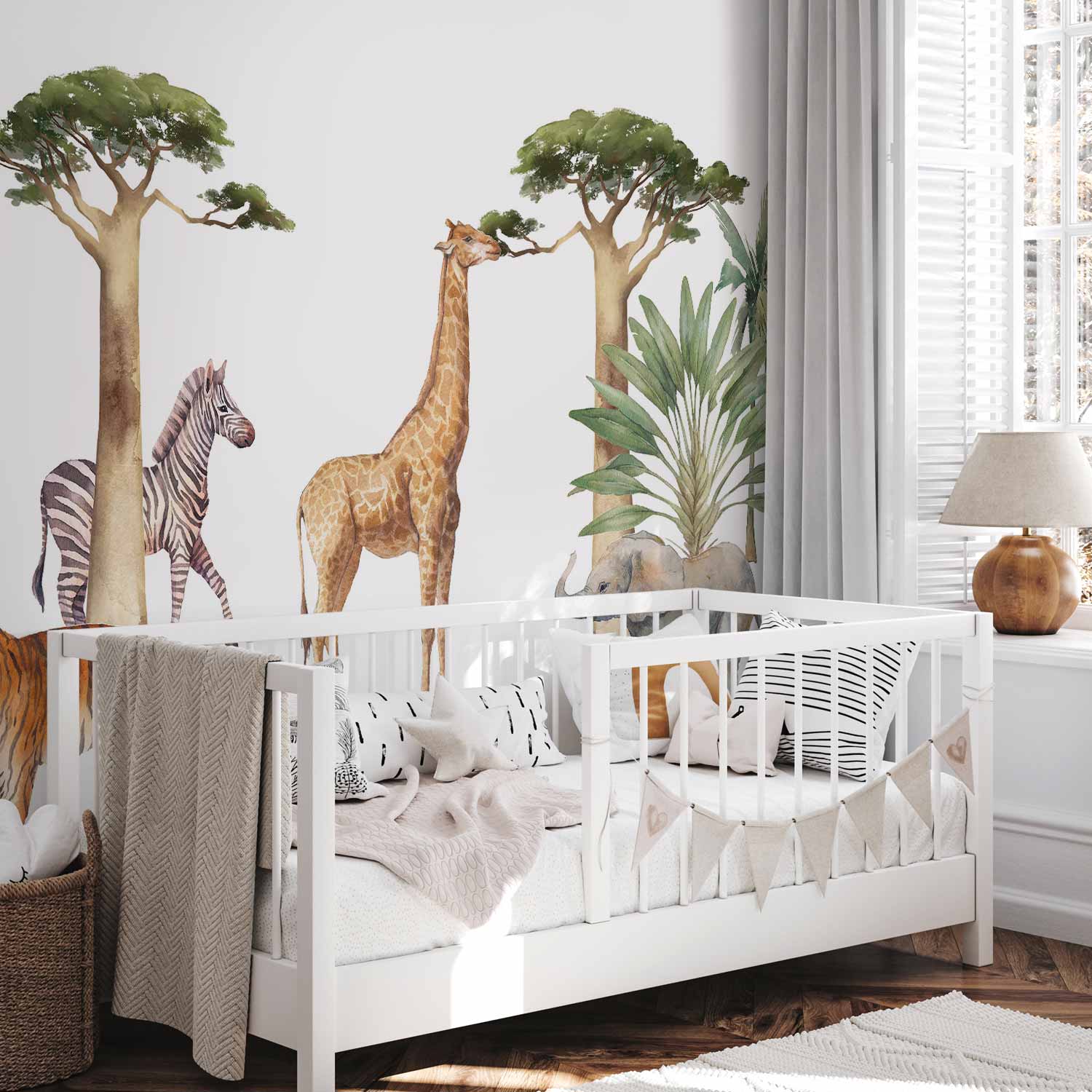 Watercolor Jungle Animals White Wall Mural