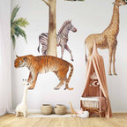 Watercolor Jungle Animals White Wall Mural