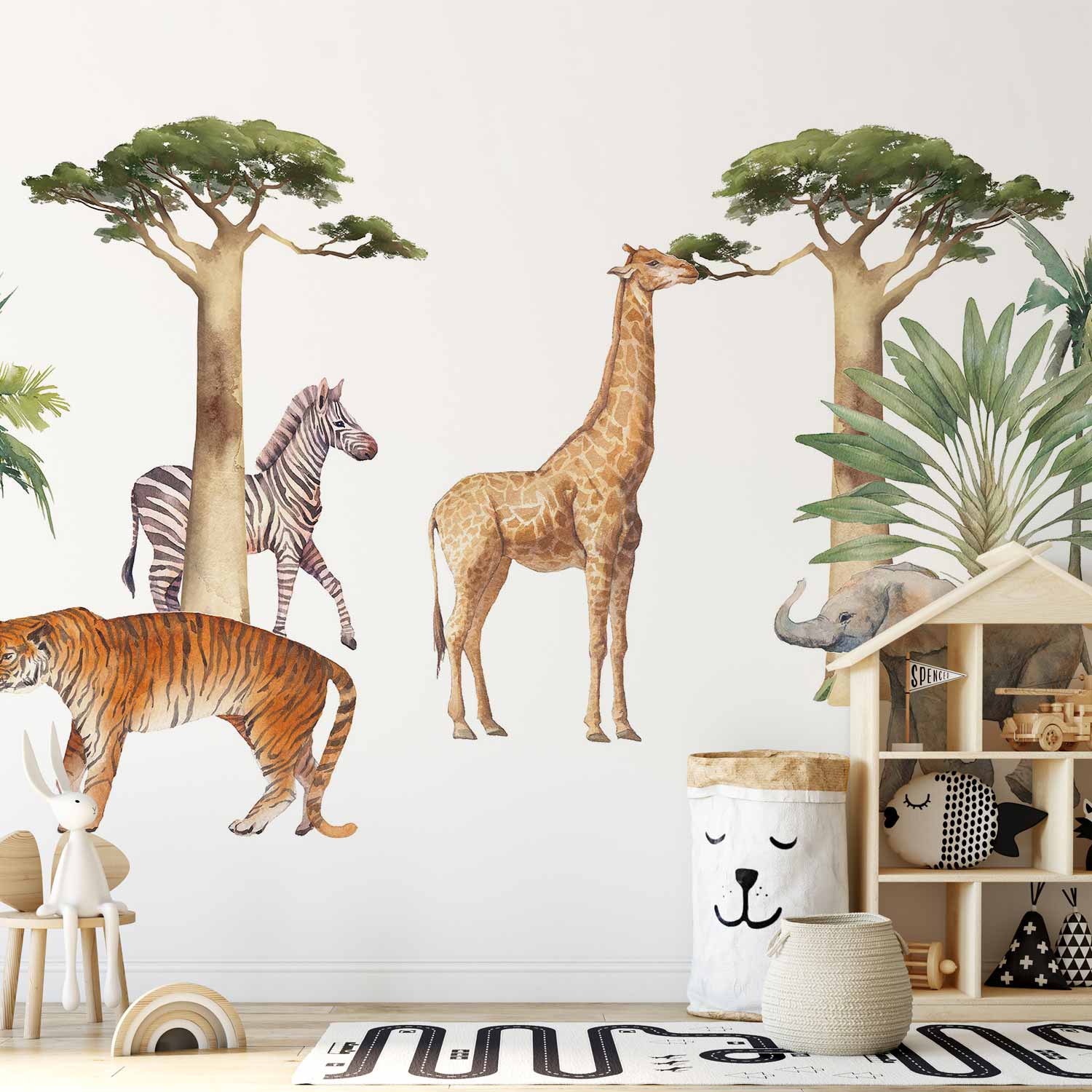 Wall Mural Jungle Animals on White Background Watercolour