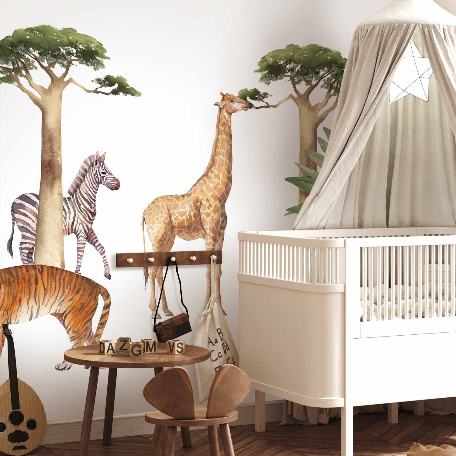 Watercolor Jungle Animals White Wall Mural