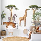 Watercolor Jungle Animals White Wall Mural