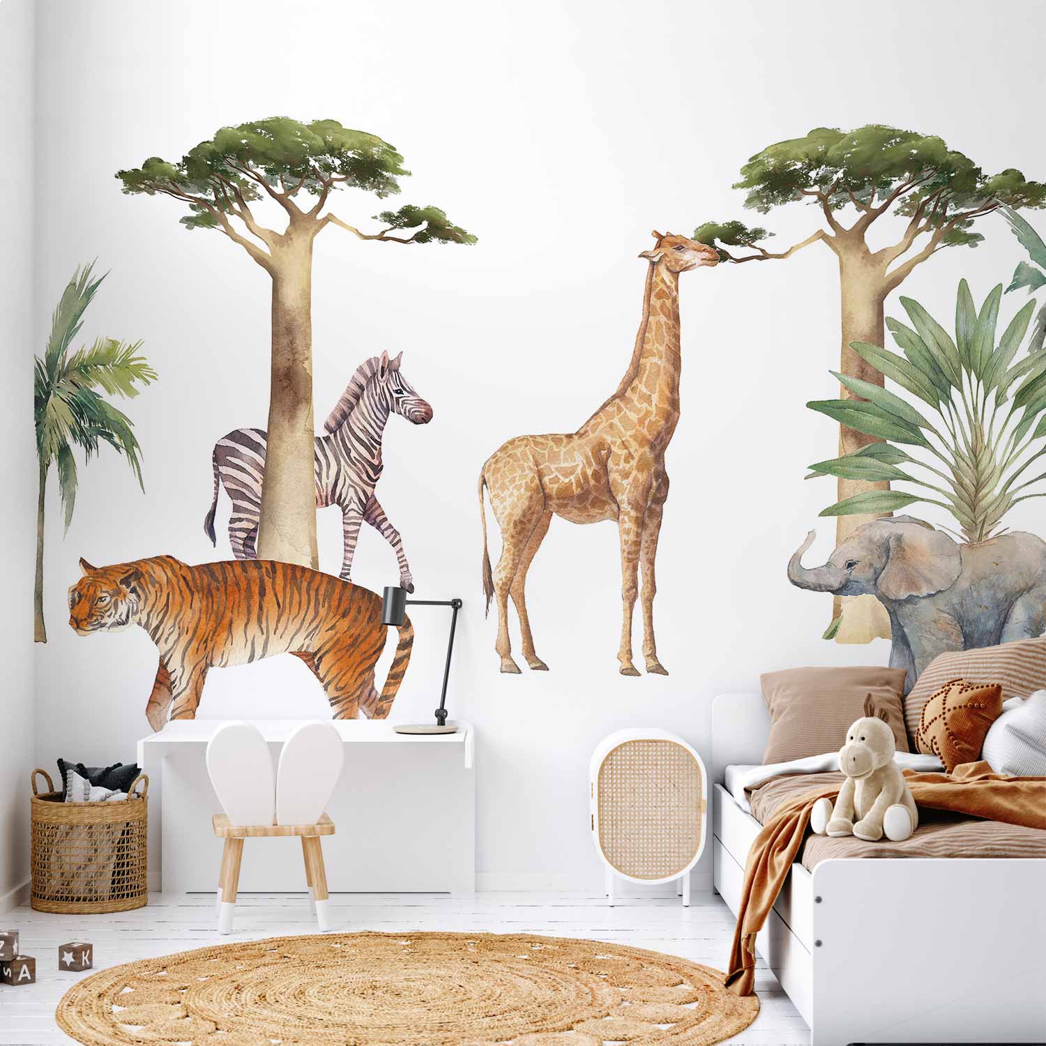 Watercolor Jungle Animals White Wall Mural