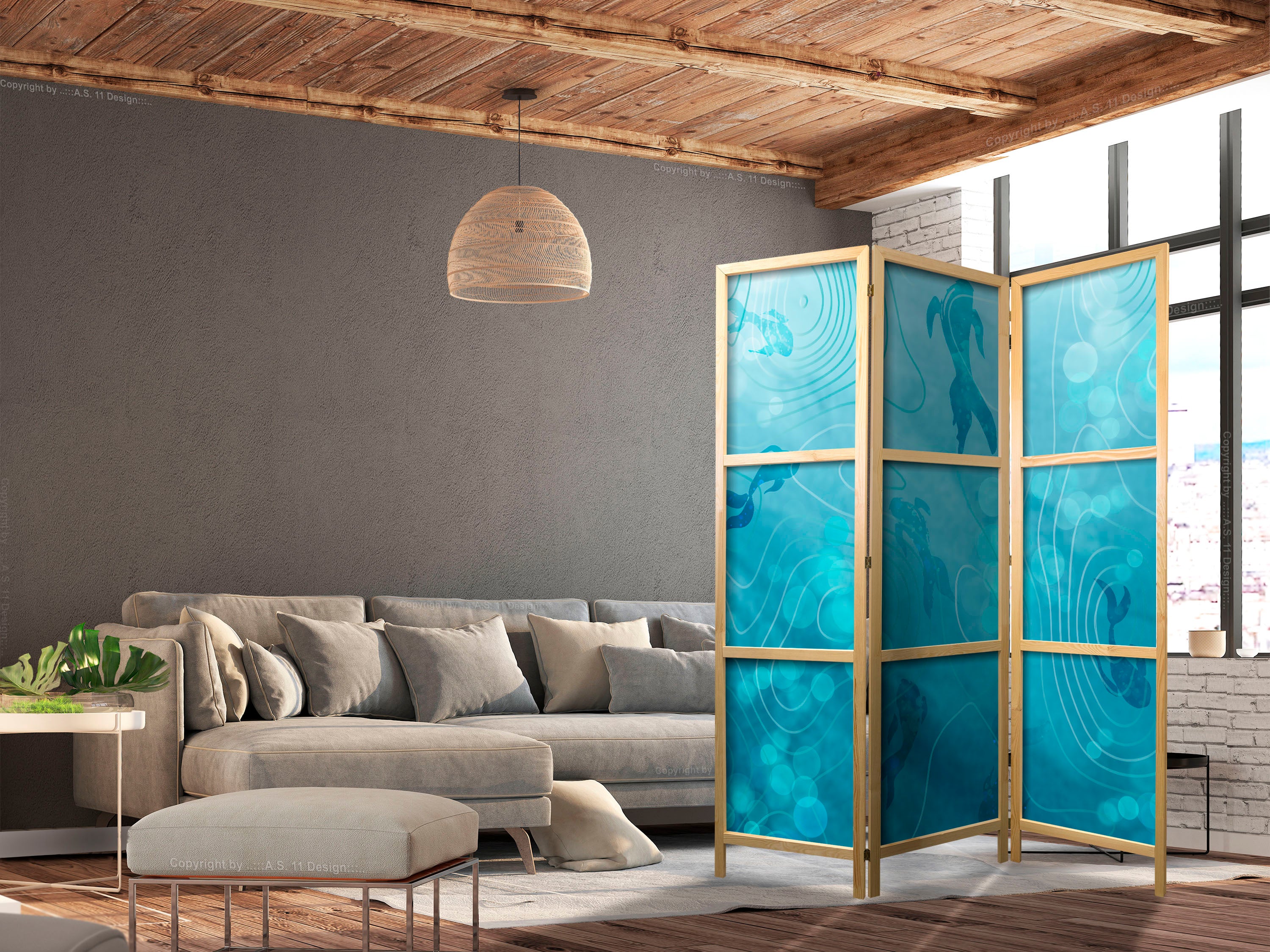 Japanese Room Divider - Koi Fish Under the Water Surface, Navy & Blue