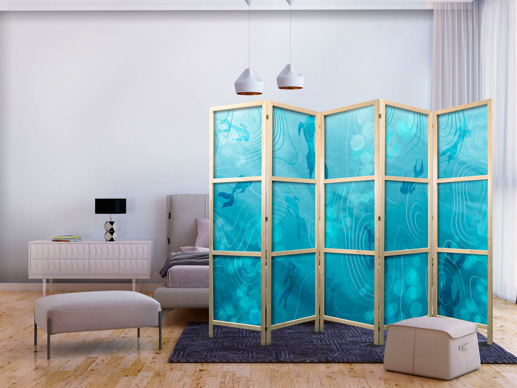 Japanese Room Divider - Koi Fish Under the Water Surface - a Cluster of Japanese Fish in the Depths of the Pond in Shades of Navy and Blue