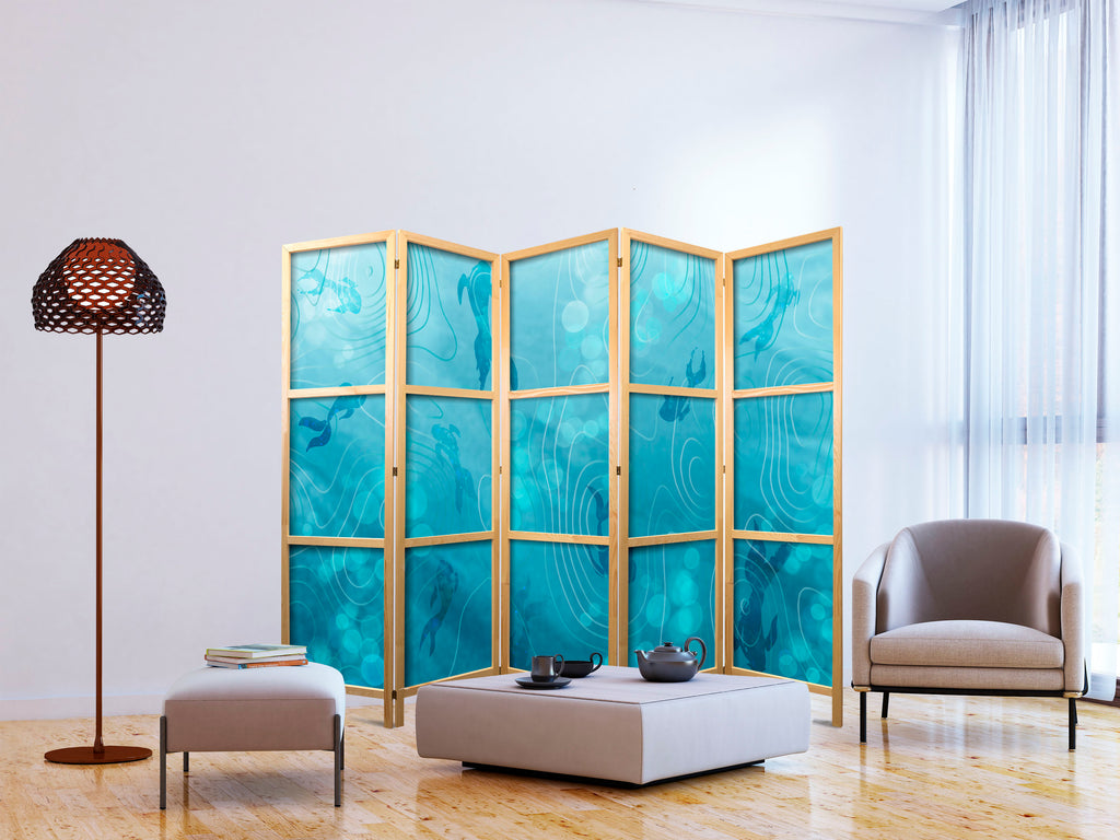 Japanese Room Divider - Koi Fish Under the Water Surface - a Cluster of Japanese Fish in the Depths of the Pond in Shades of Navy and Blue