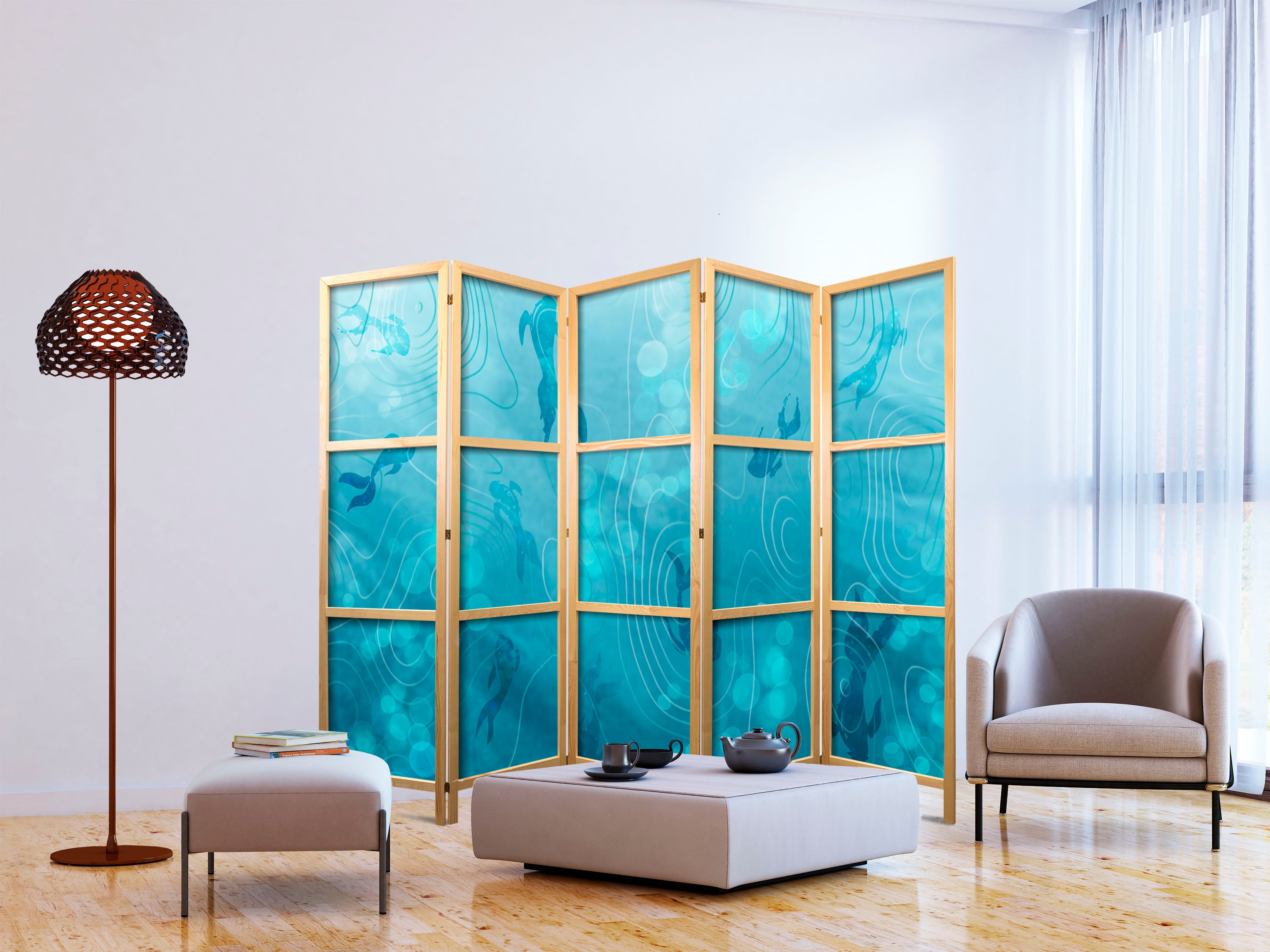 Japanese Room Divider - Koi Fish Under the Water Surface - a Cluster of Japanese Fish in the Depths of the Pond in Shades of Navy and Blue