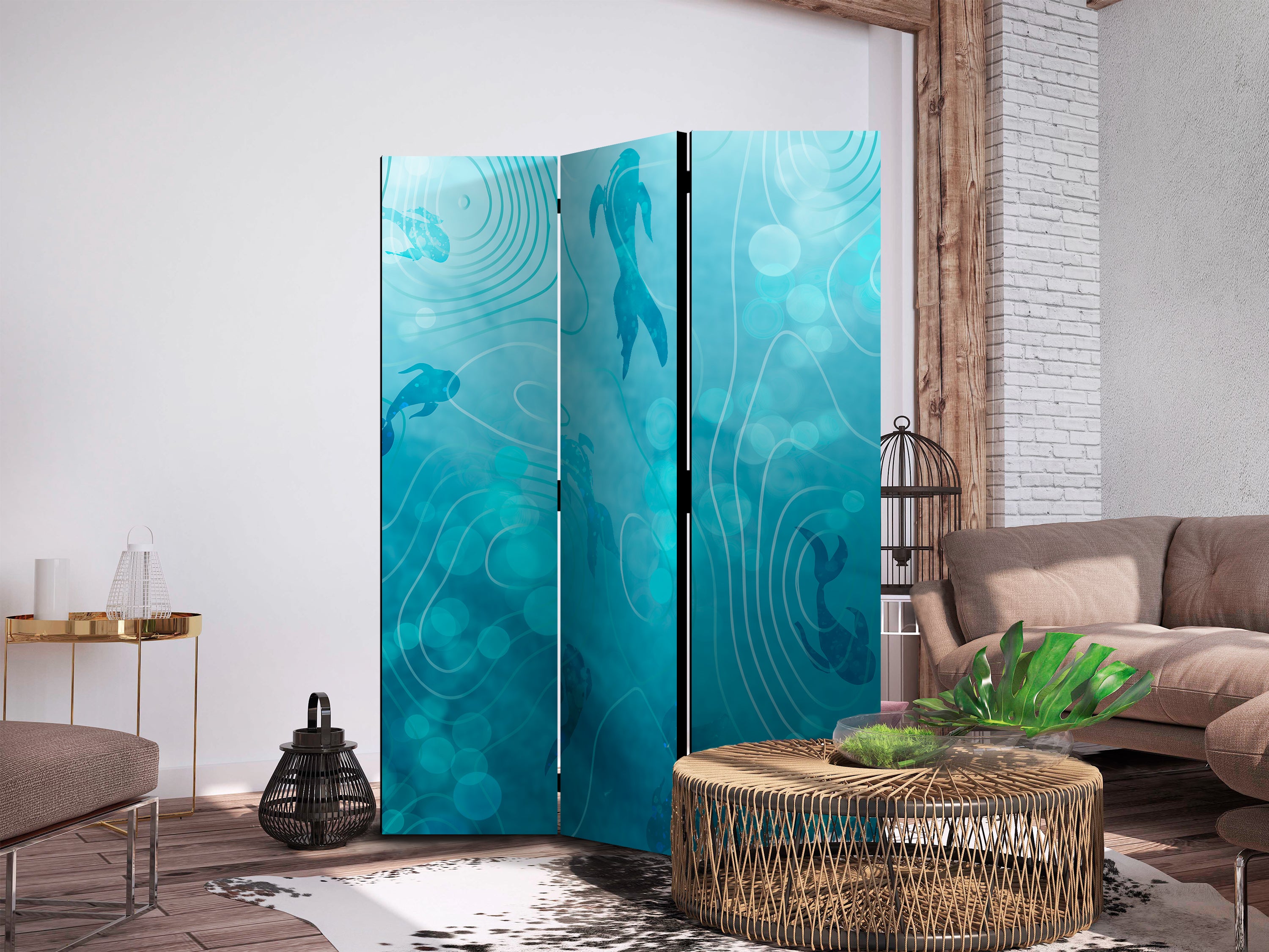 Room Divider with Koi Fish Under Water Surface - Navy & Blue