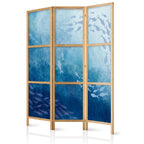 Room Divider - 3-Panel Japanese Screen with Fish Motif in Blue