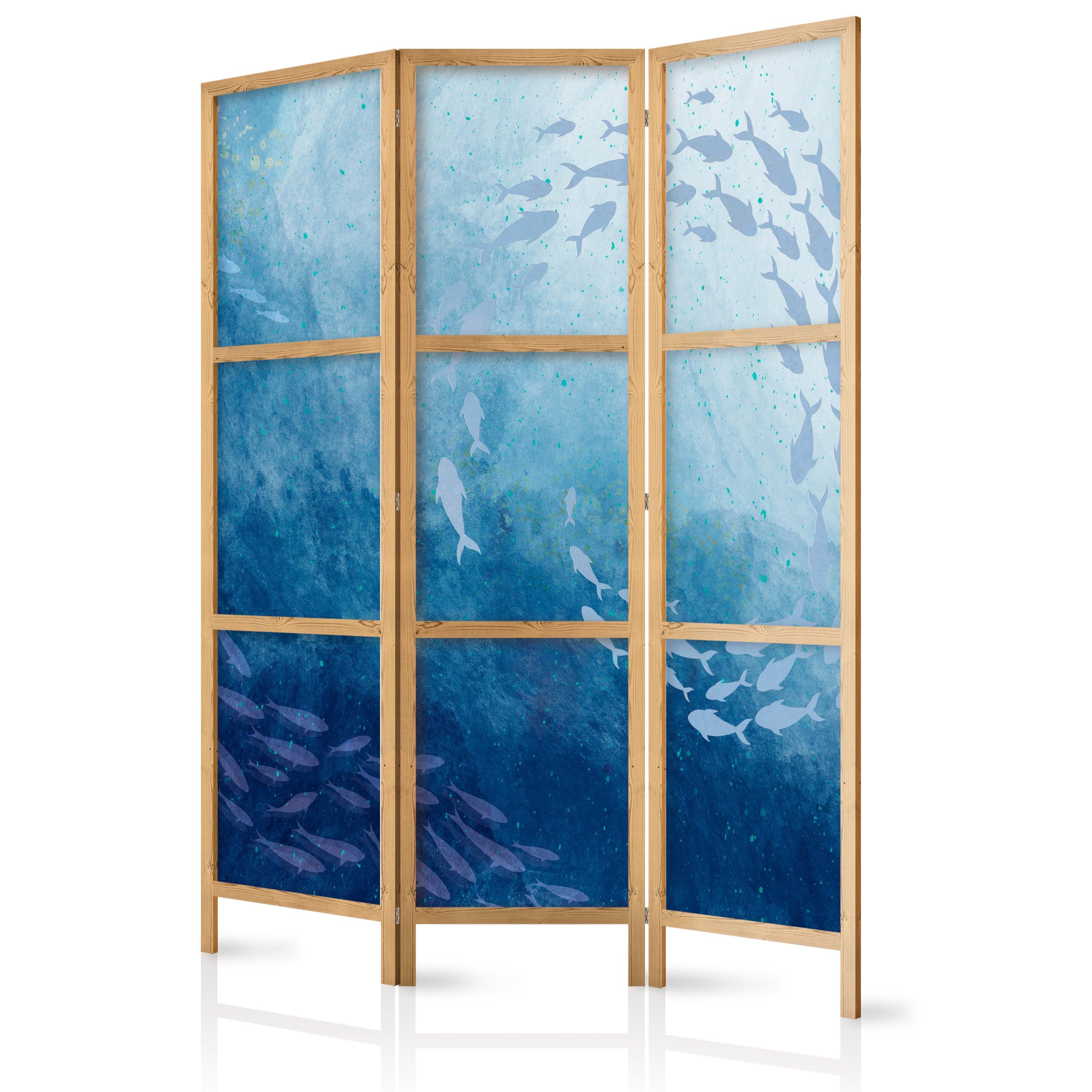 Room Divider - 3-Panel Japanese Screen with Fish Motif in Blue