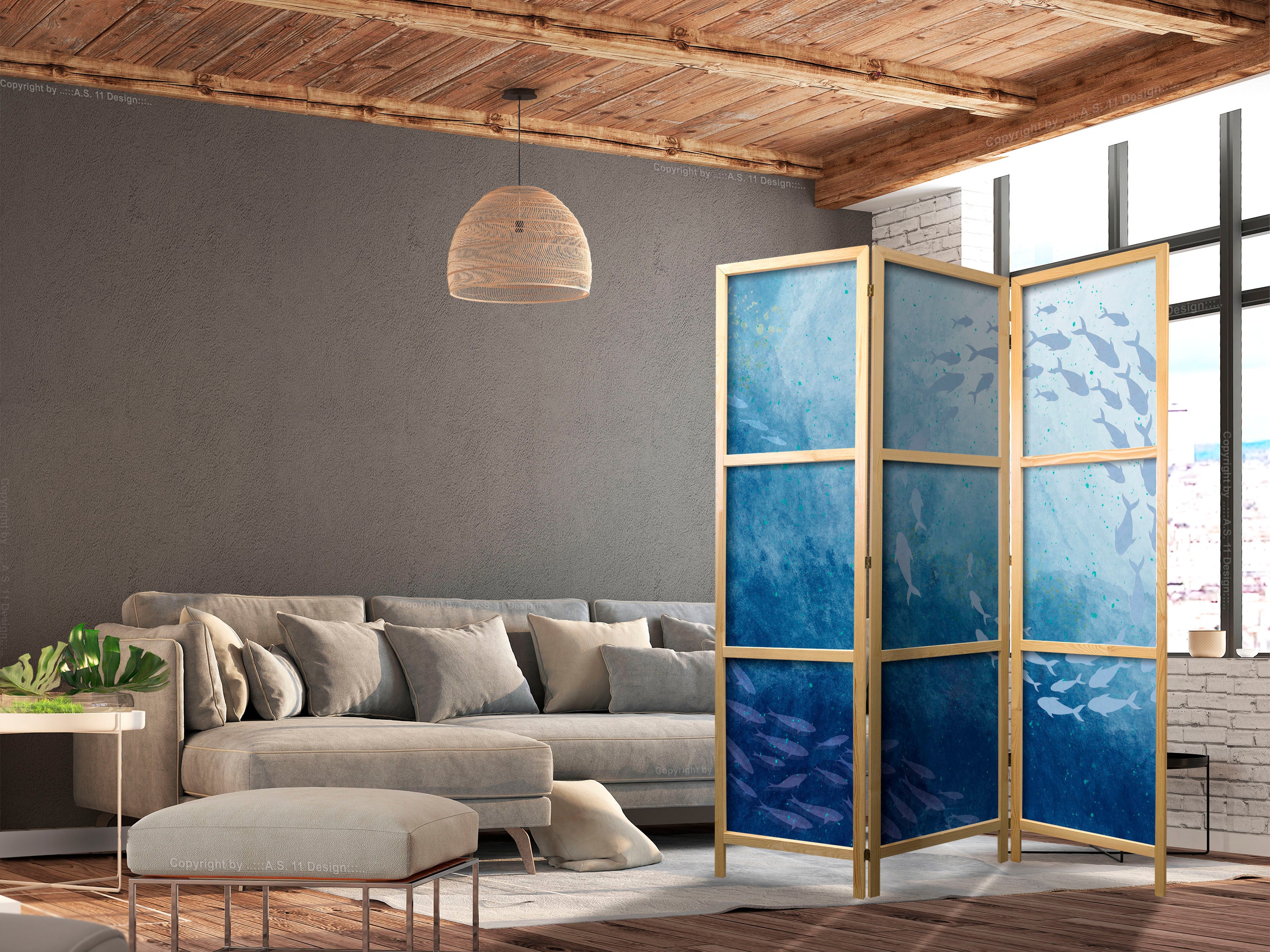 Room Divider - 3-Panel Japanese Screen with Fish Motif in Blue