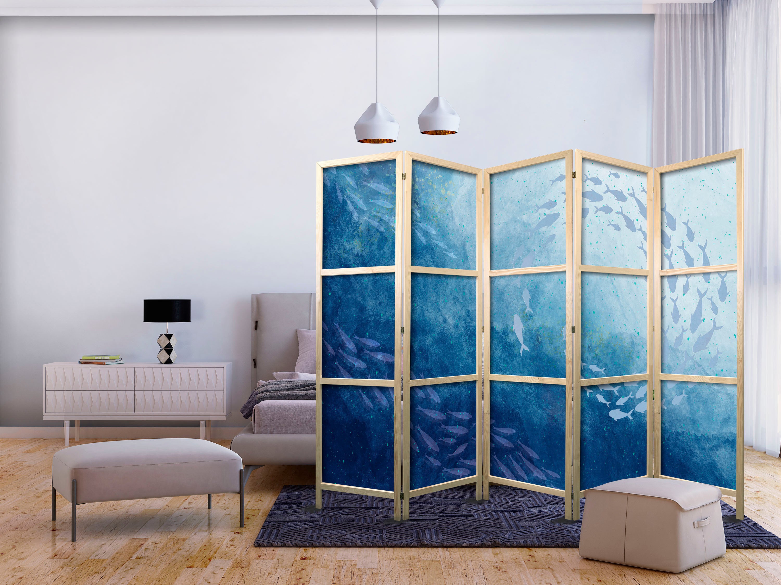 Japanese Room Divider - Blue Fish Motif - 5-Panel